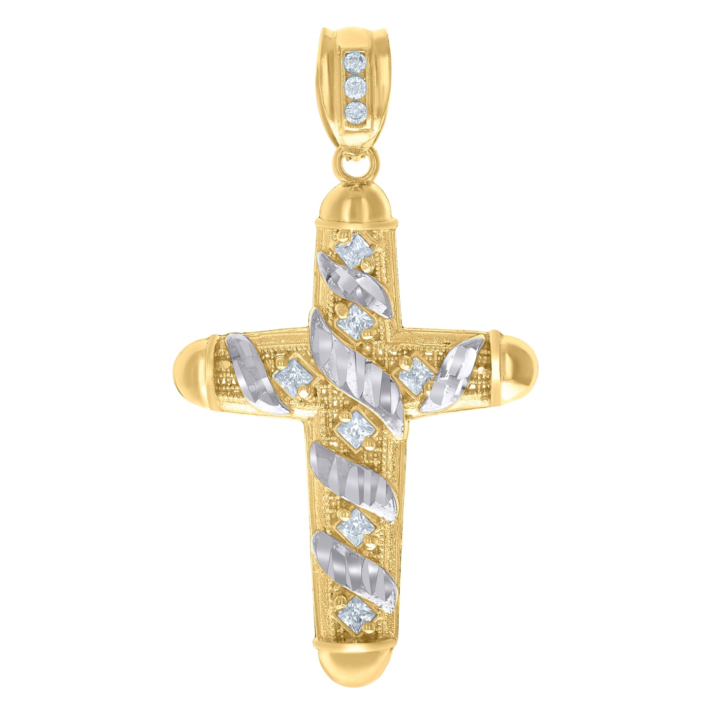 10K Two-Tone Gold Mens Princess Cut Cubic-Zirconia Religious Cross Charm Pendant