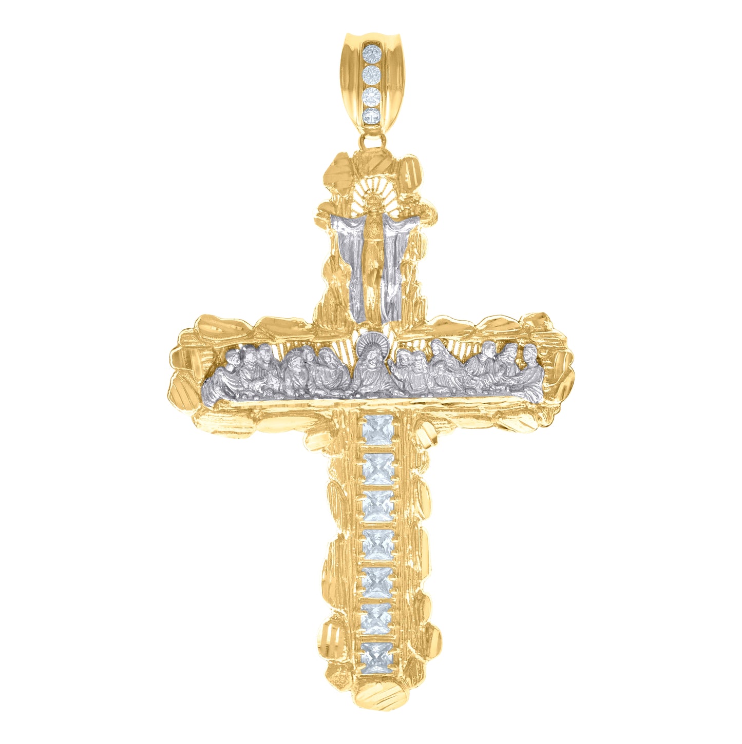 10K Two-Tone Gold Mens Princess Cut Cubic-Zirconia Religious Cross Last Supper Charm Pendant