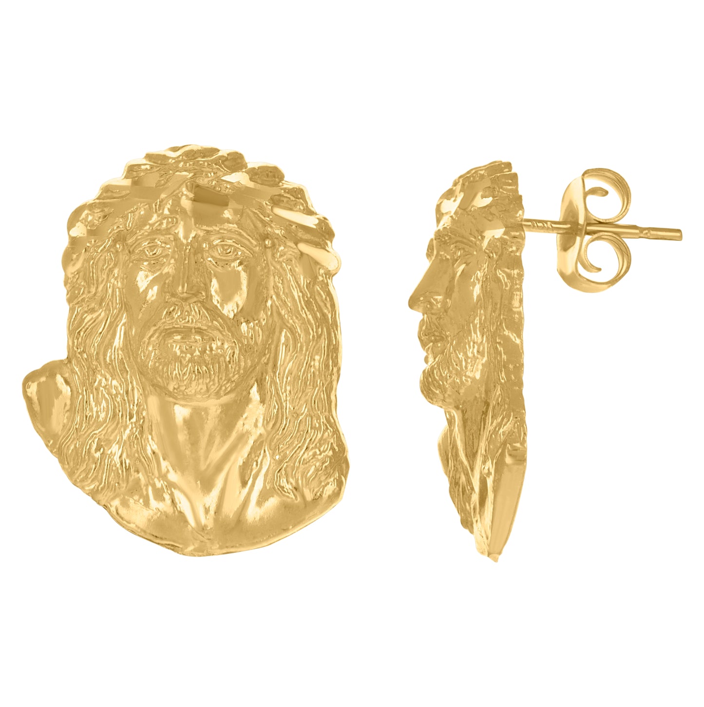 10K Yellow Gold Mens Religious Jesus Stud Earrings