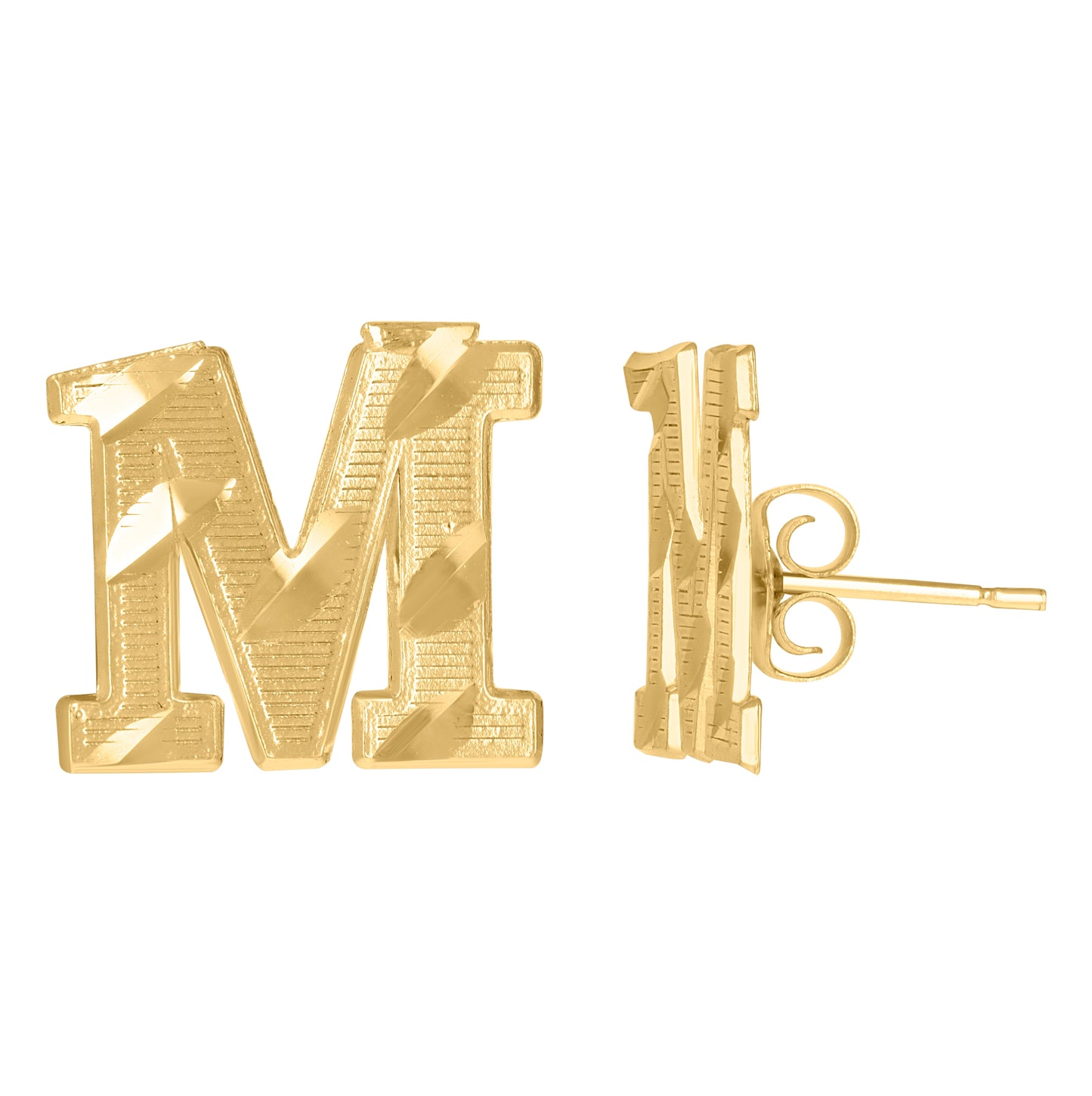 10K Yellow Gold Mens Initials Letter M Stud Earrings