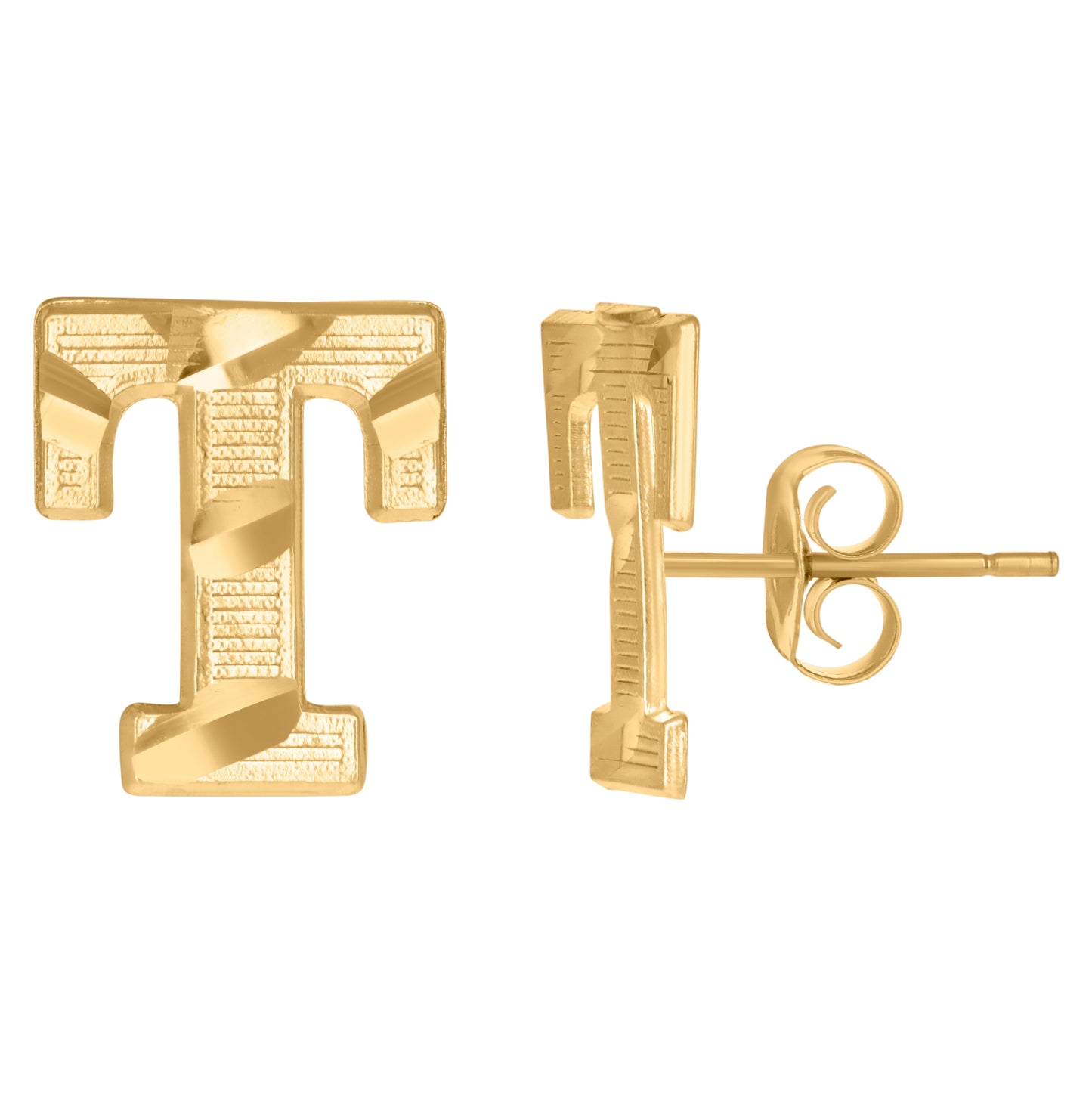 10K Yellow Gold Mens Initials Letter T Stud Earrings