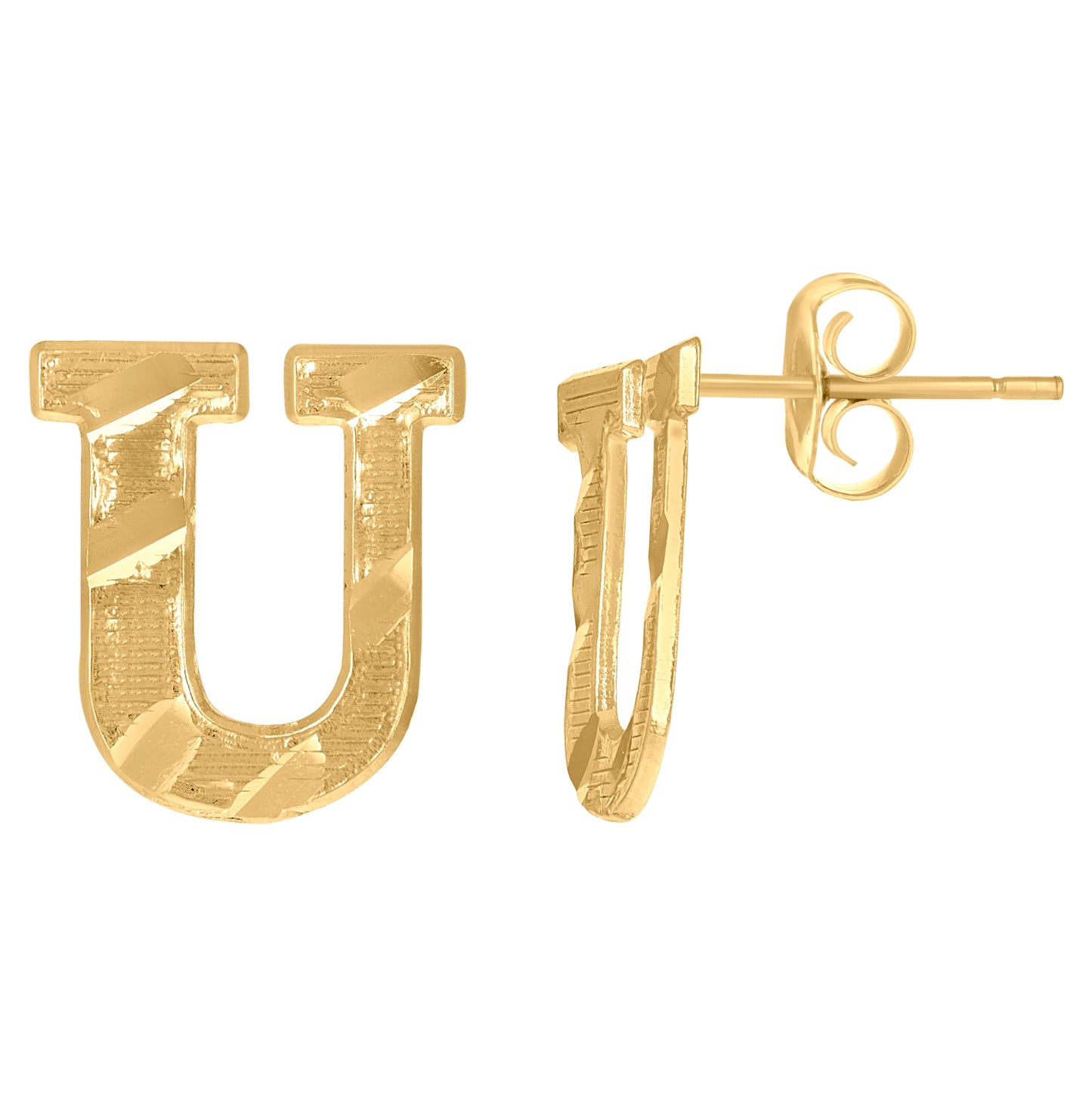 10K Yellow Gold Mens Initials Letter U Stud Earrings