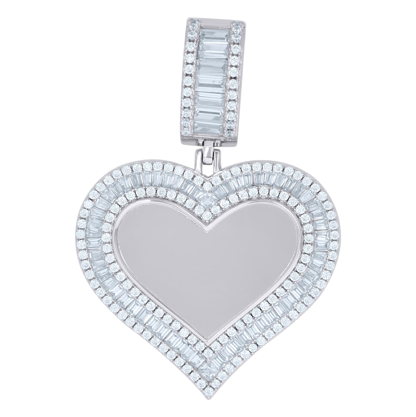 Sterling Silver Womens Round Baguette Cubic-Zirconia Heart Picture/Memory Frame Charm Pendant