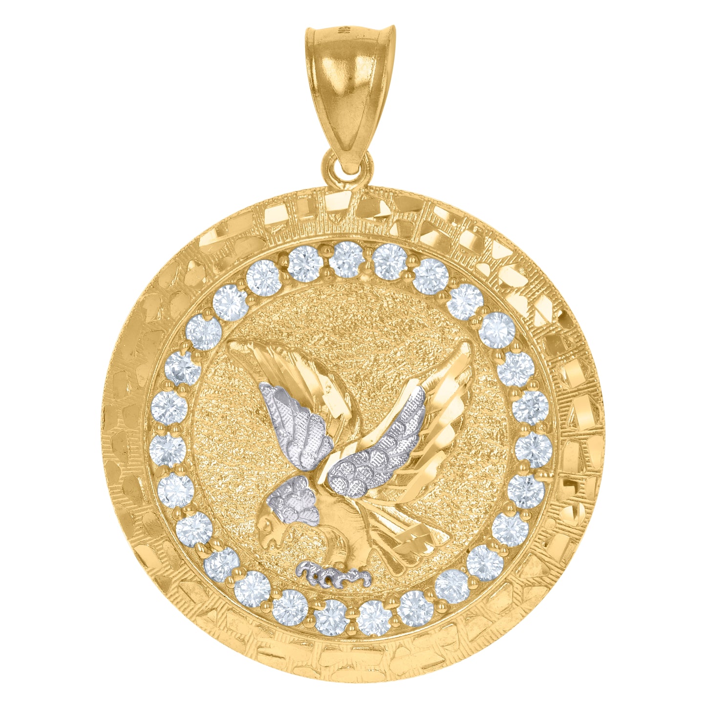 10K Two-Tone Gold Mens Cubic-Zirconia Medallion Bird Eagle Wildlife Charm Pendant