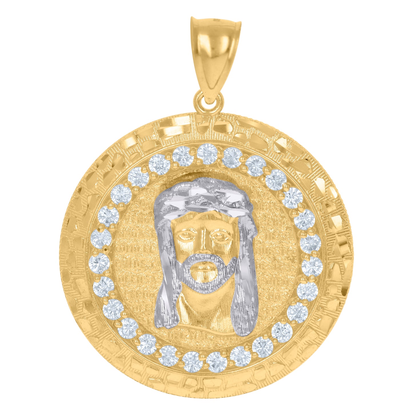10K Two-Tone Gold Mens Cubic-Zirconia Medallion Jesus Religious Charm Pendant