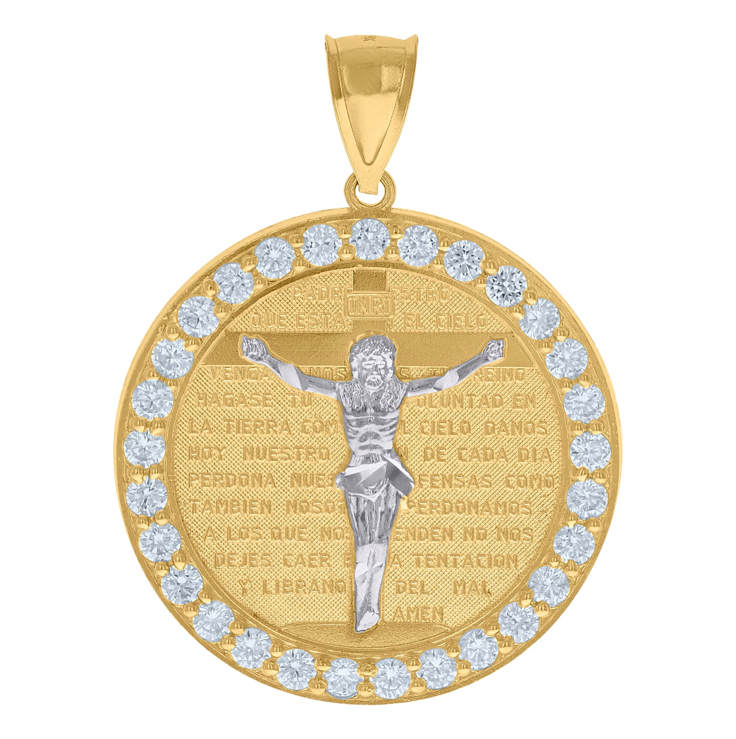 10K Two-Tone Gold Mens Cubic-Zirconia Jesus Medallion Lord's Prayer Religious Charm Pendant
