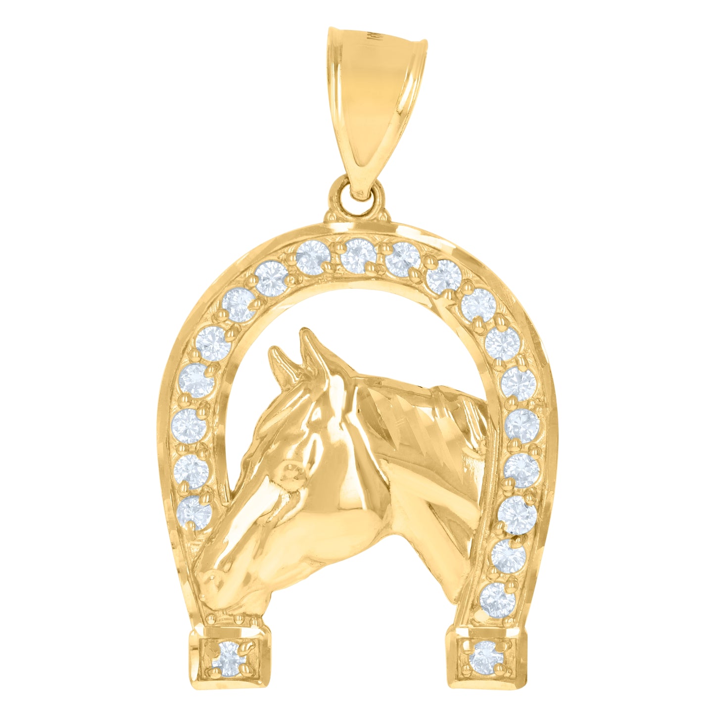 10K Yellow Gold Mens Cubic-Zirconia Horse Head Horseshoe Good Luck Charm Pendant