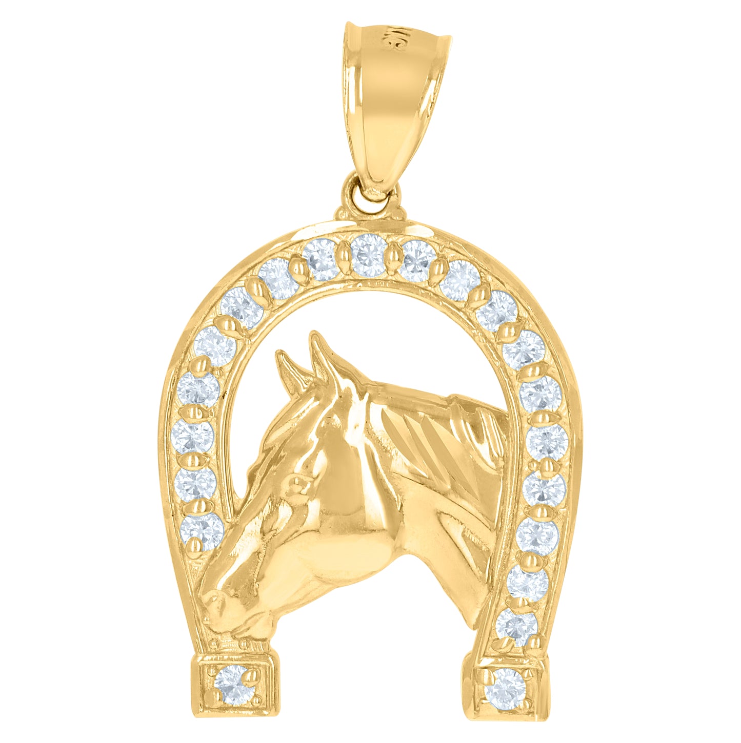 10K Yellow Gold Mens Cubic-Zirconia Horse Head Horseshoe Good Luck Charm Pendant
