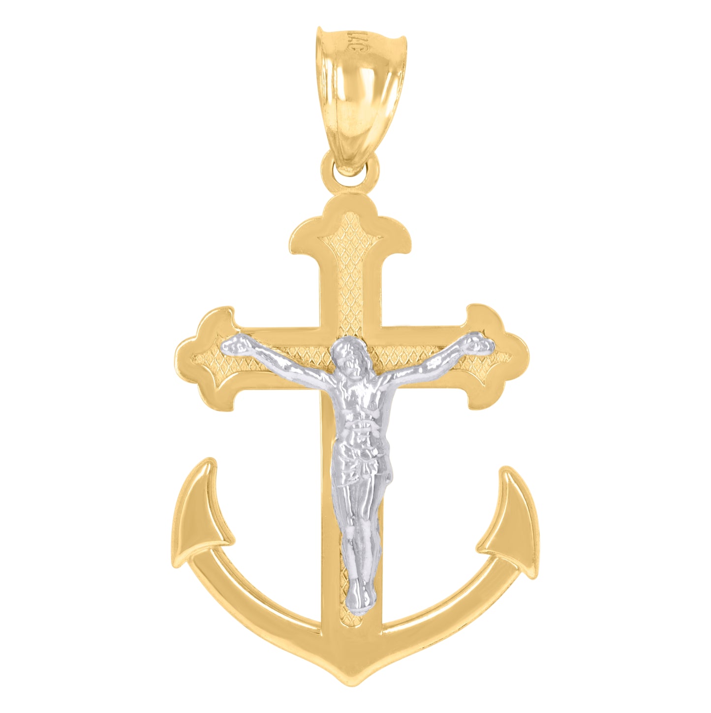 10K Two-Tone Gold Mens Crucifix Anchor Religious Charm Pendant