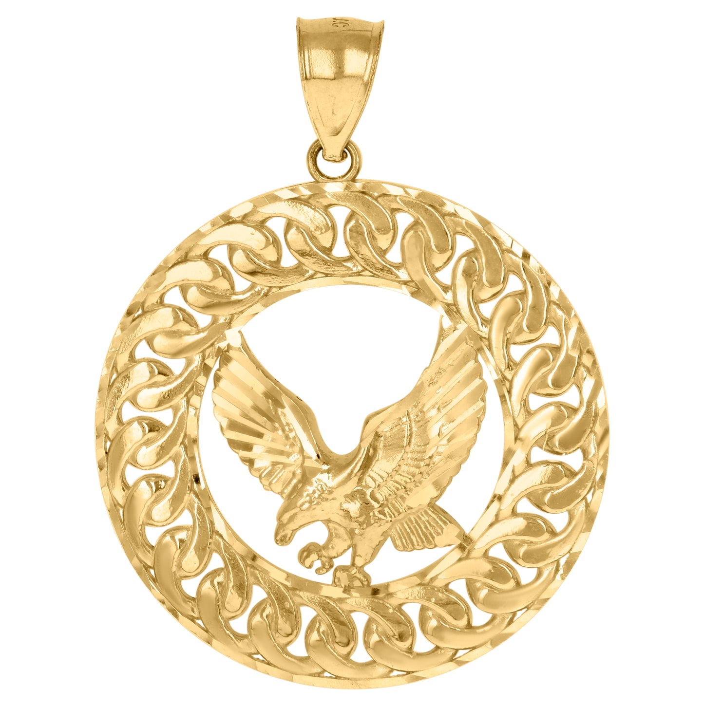 10K Yellow Gold Mens Wildlife Bird Eagle Cuban Link Medallion Patriotism Charm Pendant