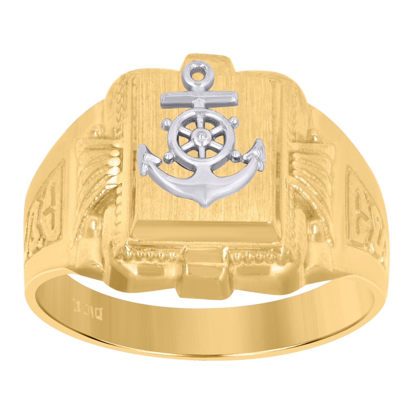 10K Two-Tone Gold Mens Anchor Signet Ring
