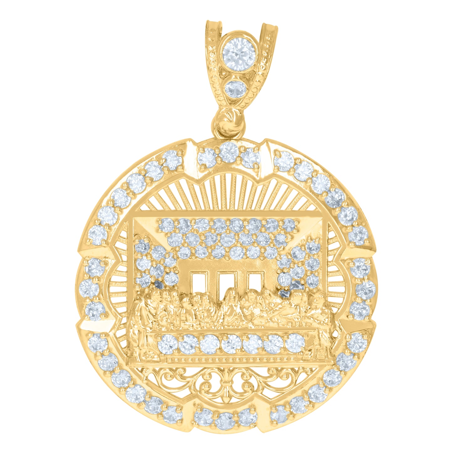 10K Yellow Gold Mens Cubic-Zirconia Religious Last Supper Medallion Charm Pendant