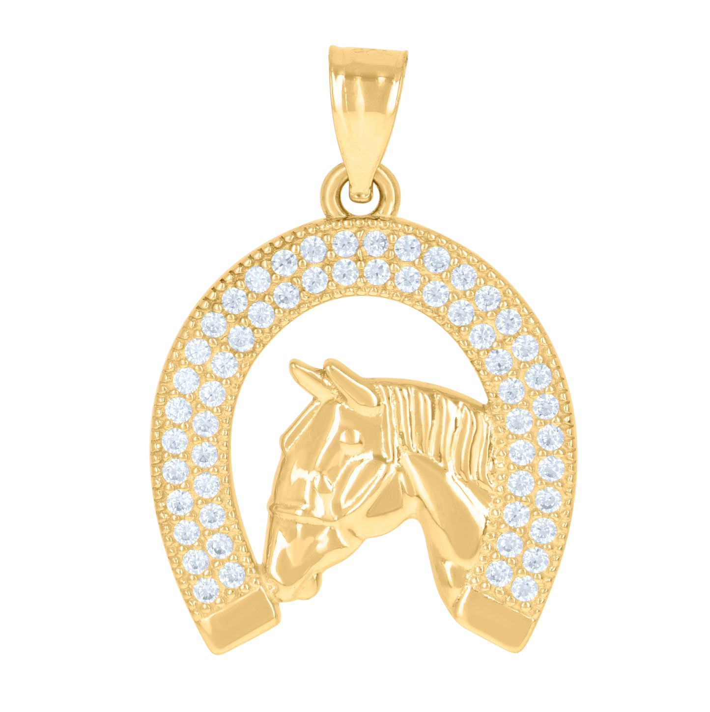 10K Yellow Gold Mens Cubic-Zirconia Good Luck Horseshoe Horse Head Charm Pendant