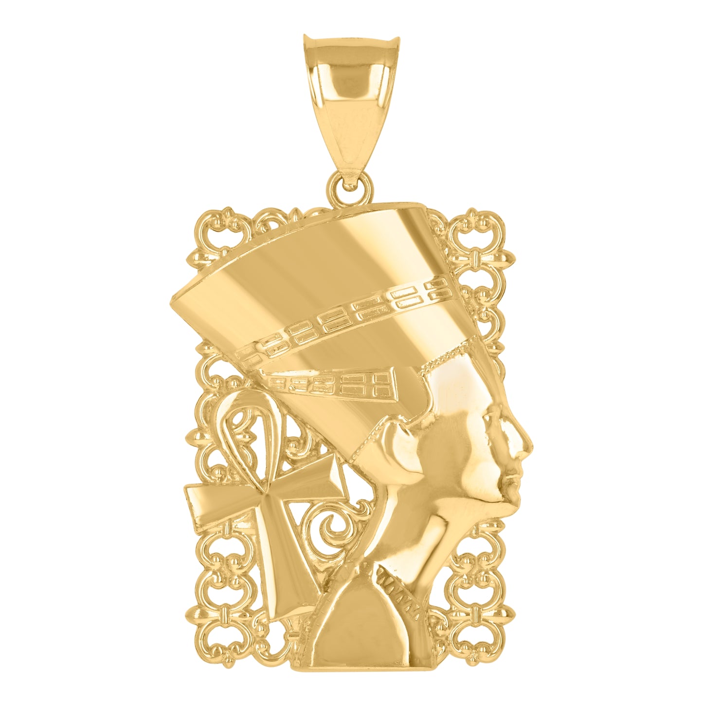 10K Yellow Gold Mens Egyptian Nefertiti Ankh Charm Pendant