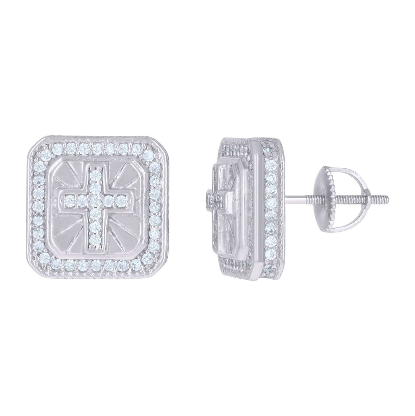 Sterling Silver Or Yellow-Tone Mens Cubic-Zirconia Square Cross Religious Stud Earrings