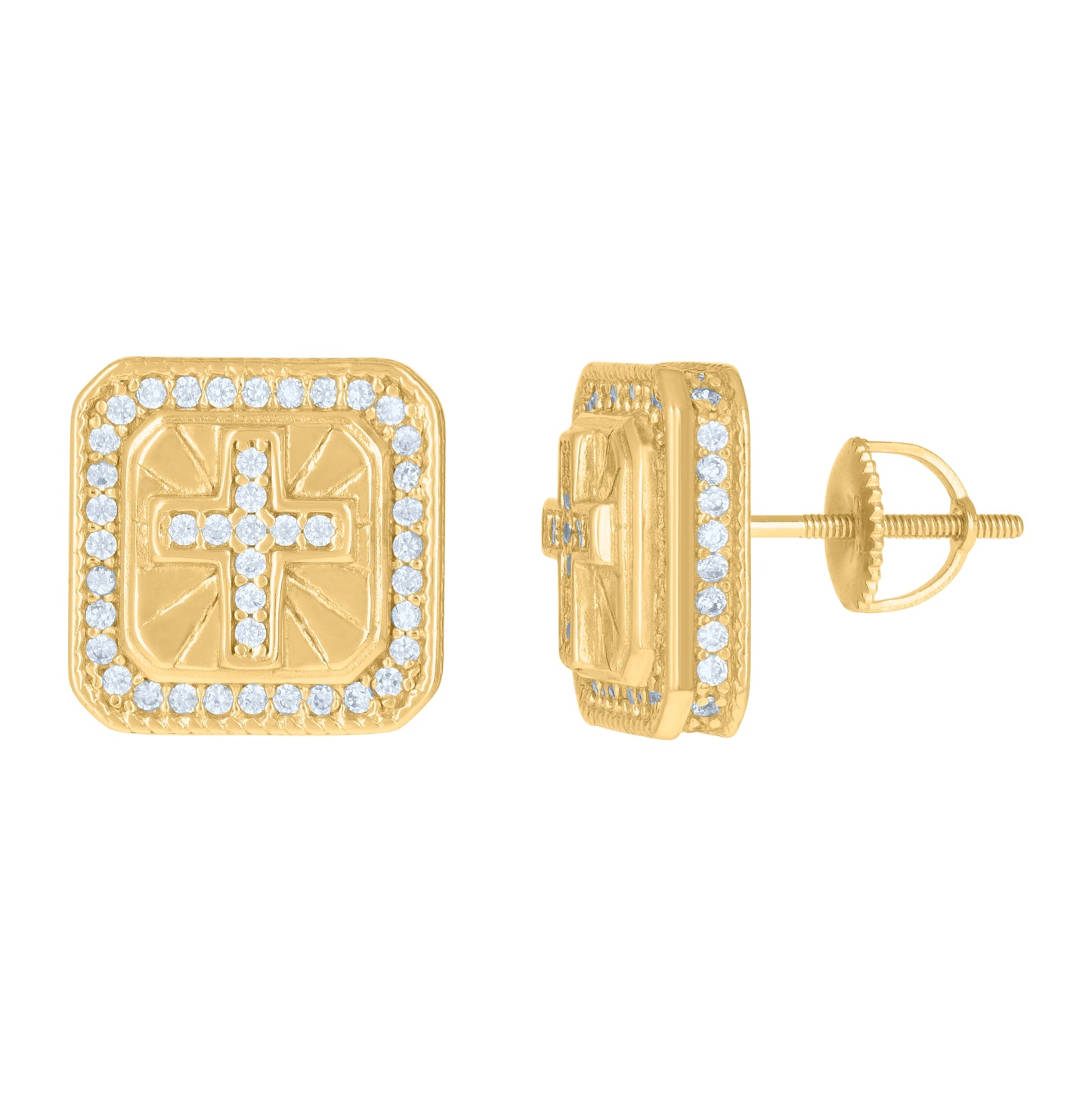 Sterling Silver Or Yellow-Tone Mens Cubic-Zirconia Square Cross Religious Stud Earrings