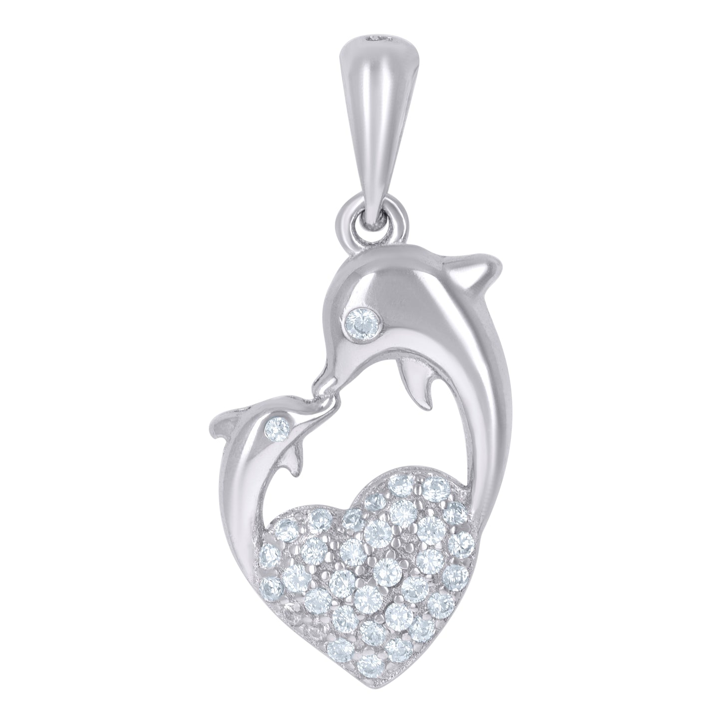 Sterling Silver Womens Cubic-Zirconia Dolphin Heart Charm Pendant