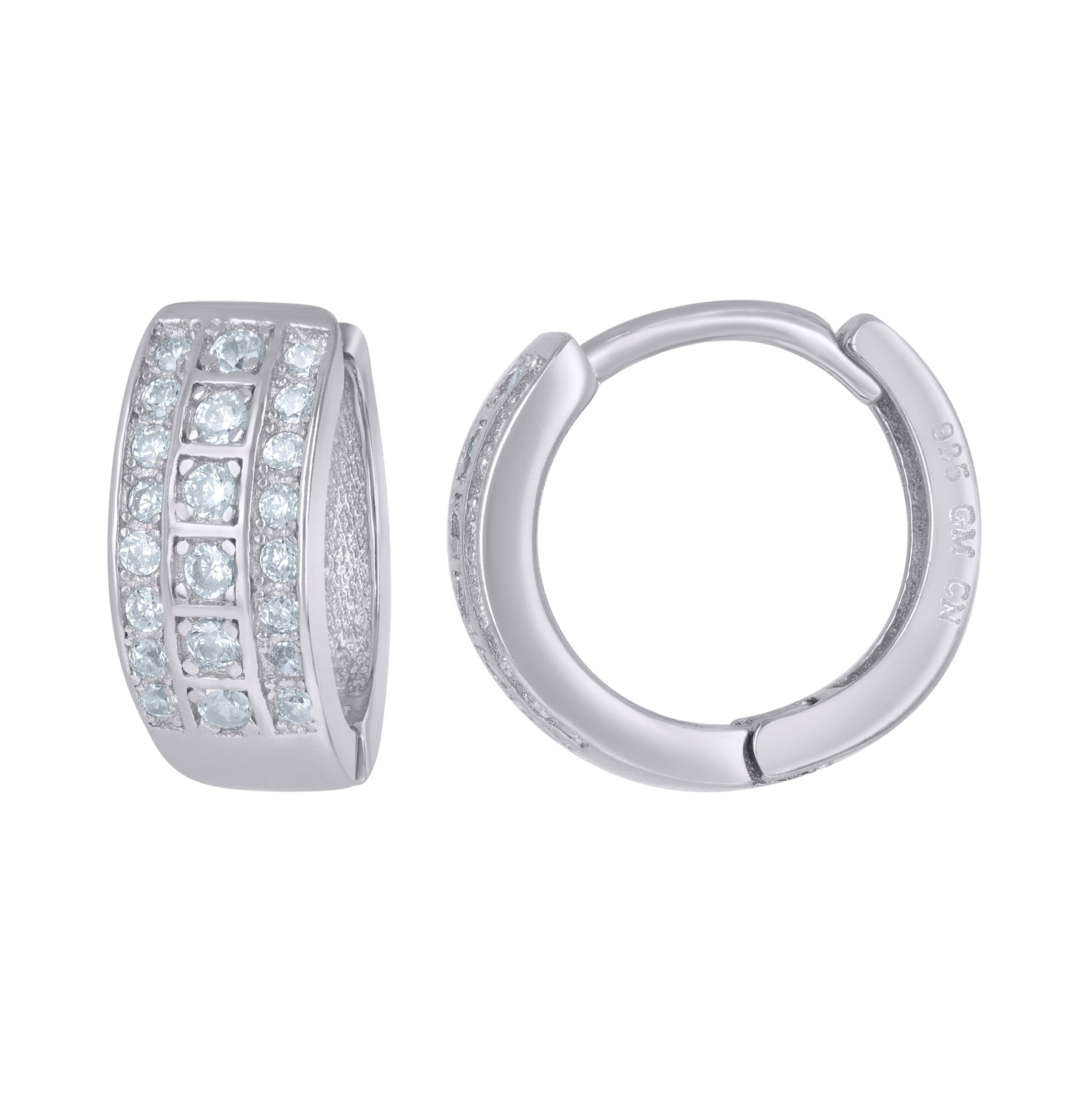 Sterling Silver Womens Cubic-Zirconia Triple Row Hoop Huggies Earrings