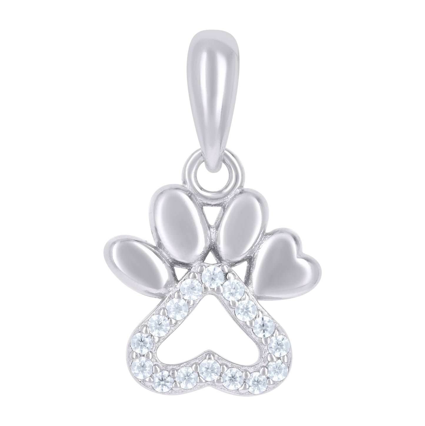 Sterling Silver Womens Cubic-Zirconia Paw Print Heart Charm Pendant