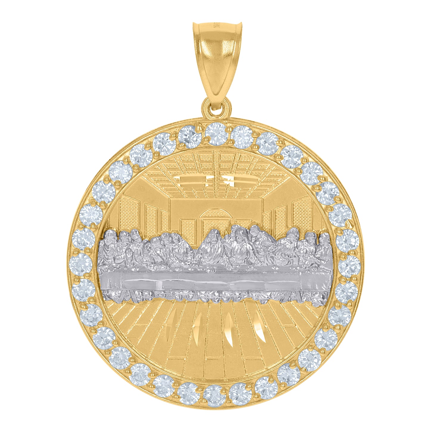 10K Two-Tone Gold Mens Cubic-Zirconia Medallion Last Supper Religious Charm Pendant