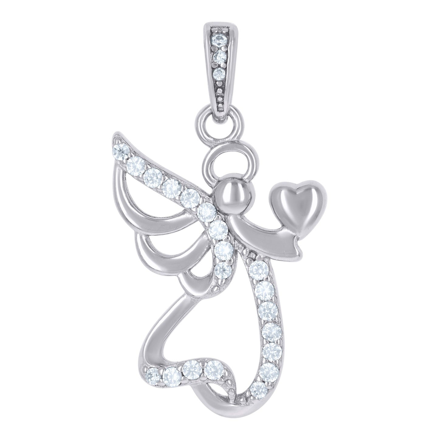 Sterling Silver Womens Cubic-Zirconia Angel Holding Heart Religious Charm Pendant