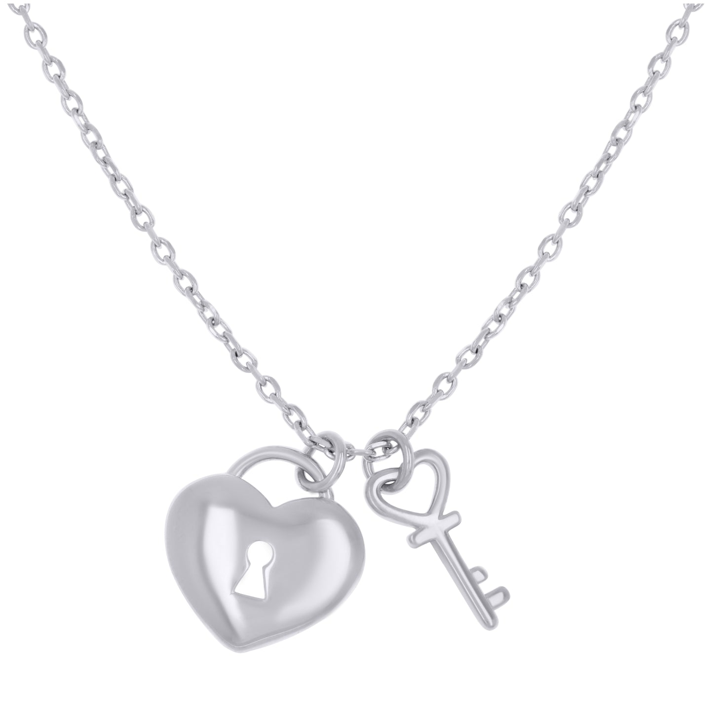 Sterling Silver Womens Heart Lock & Key Necklace