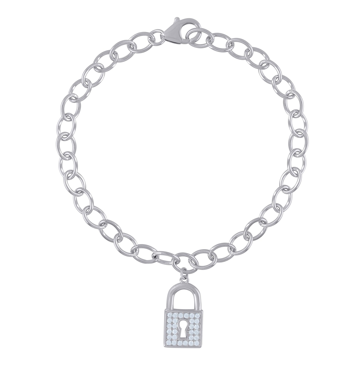 Sterling Silver Womens Cubic-Zirconia Lock Charms Bracelet