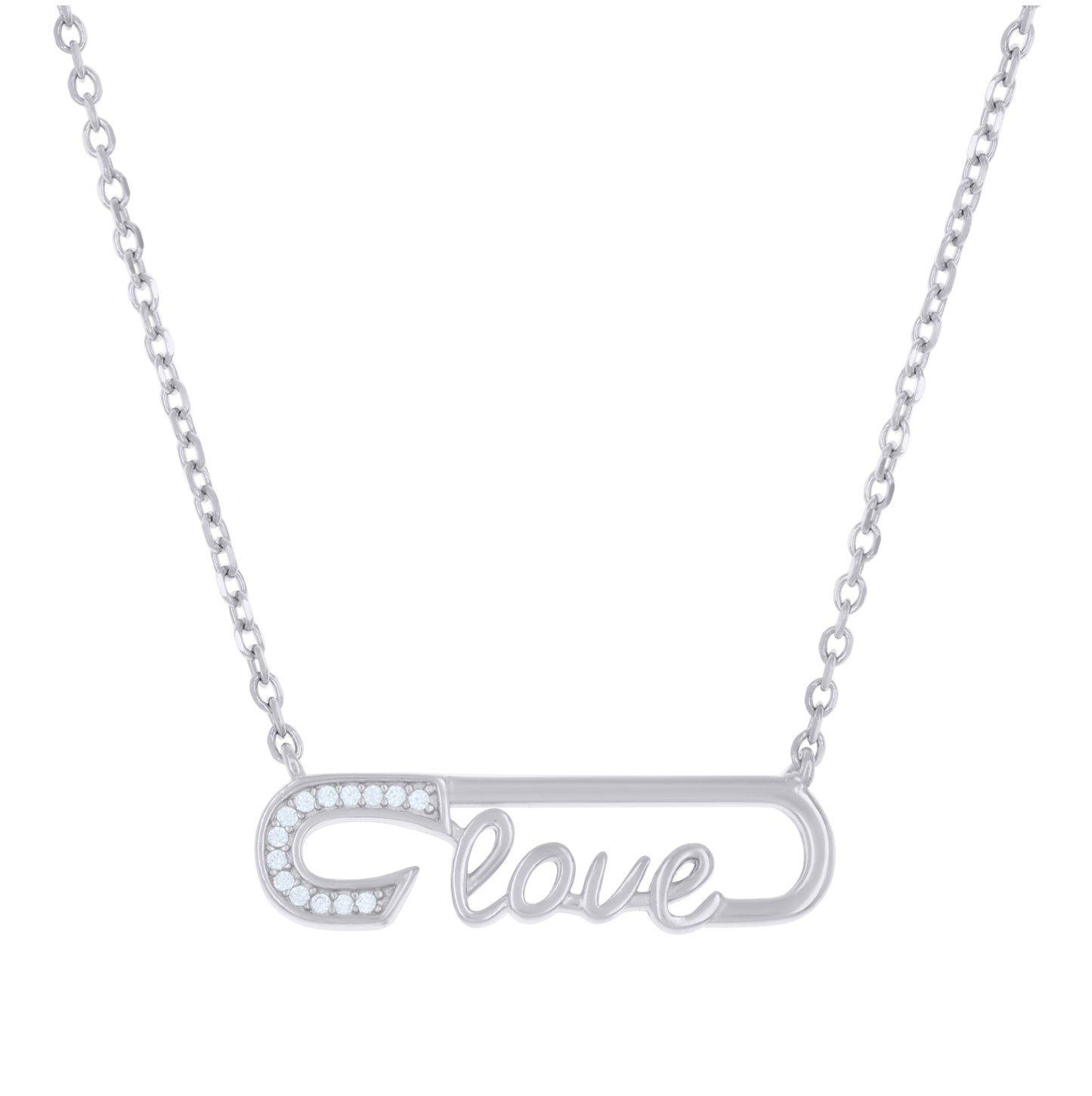 Sterling Silver Womens Cubic-Zirconia Love Safety Pin Necklace