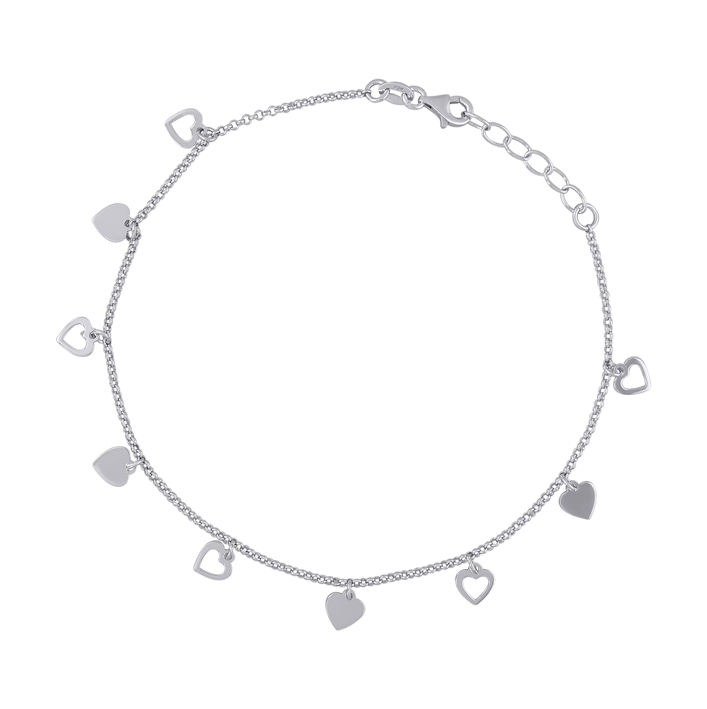 Sterling Silver Womens Rolo Link Heart Charms Anklet