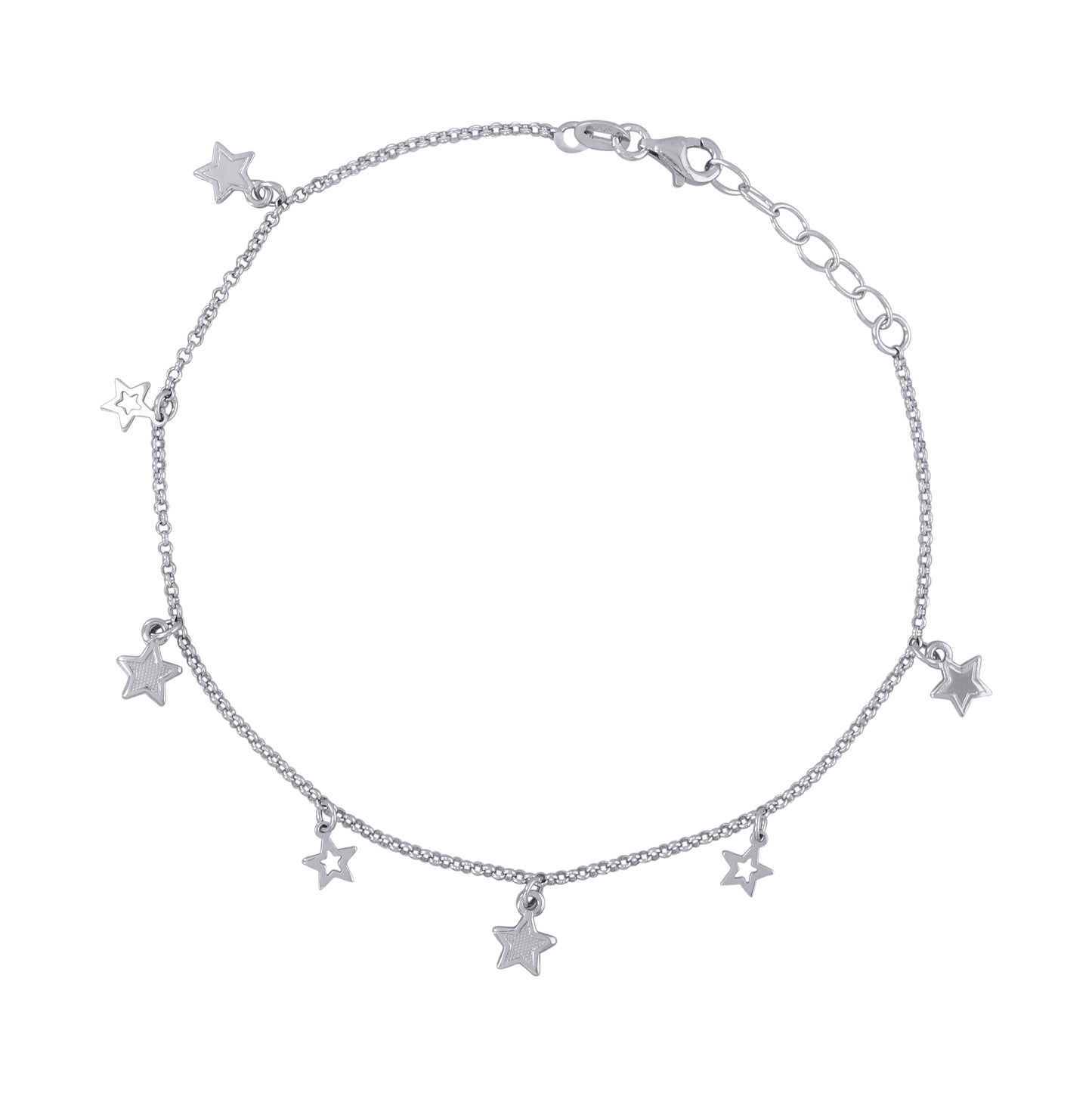Sterling Silver Womens Rolo Link Celestial Stars Charms Anklet