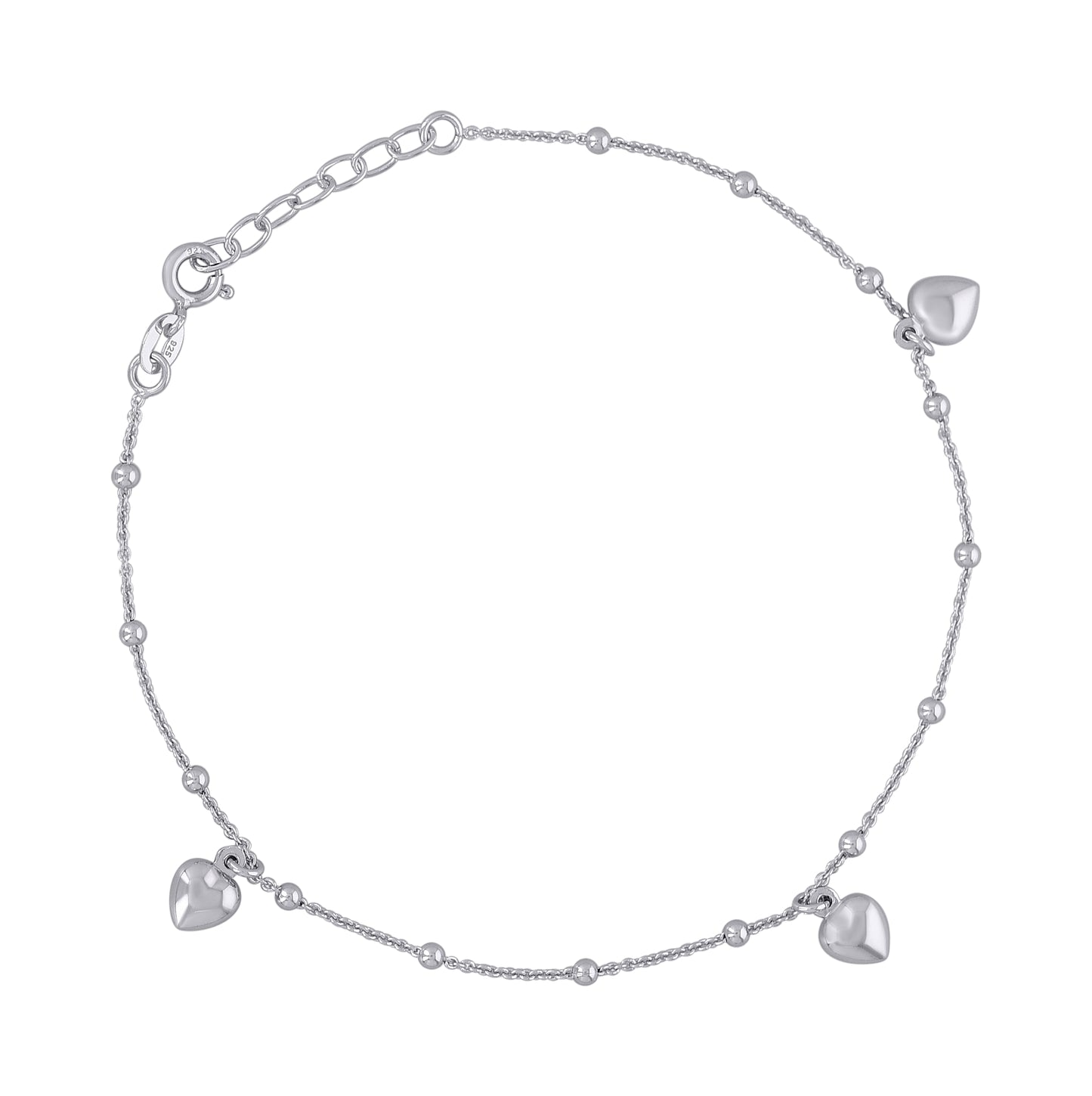Sterling Silver Womens Heart Charms Anklet