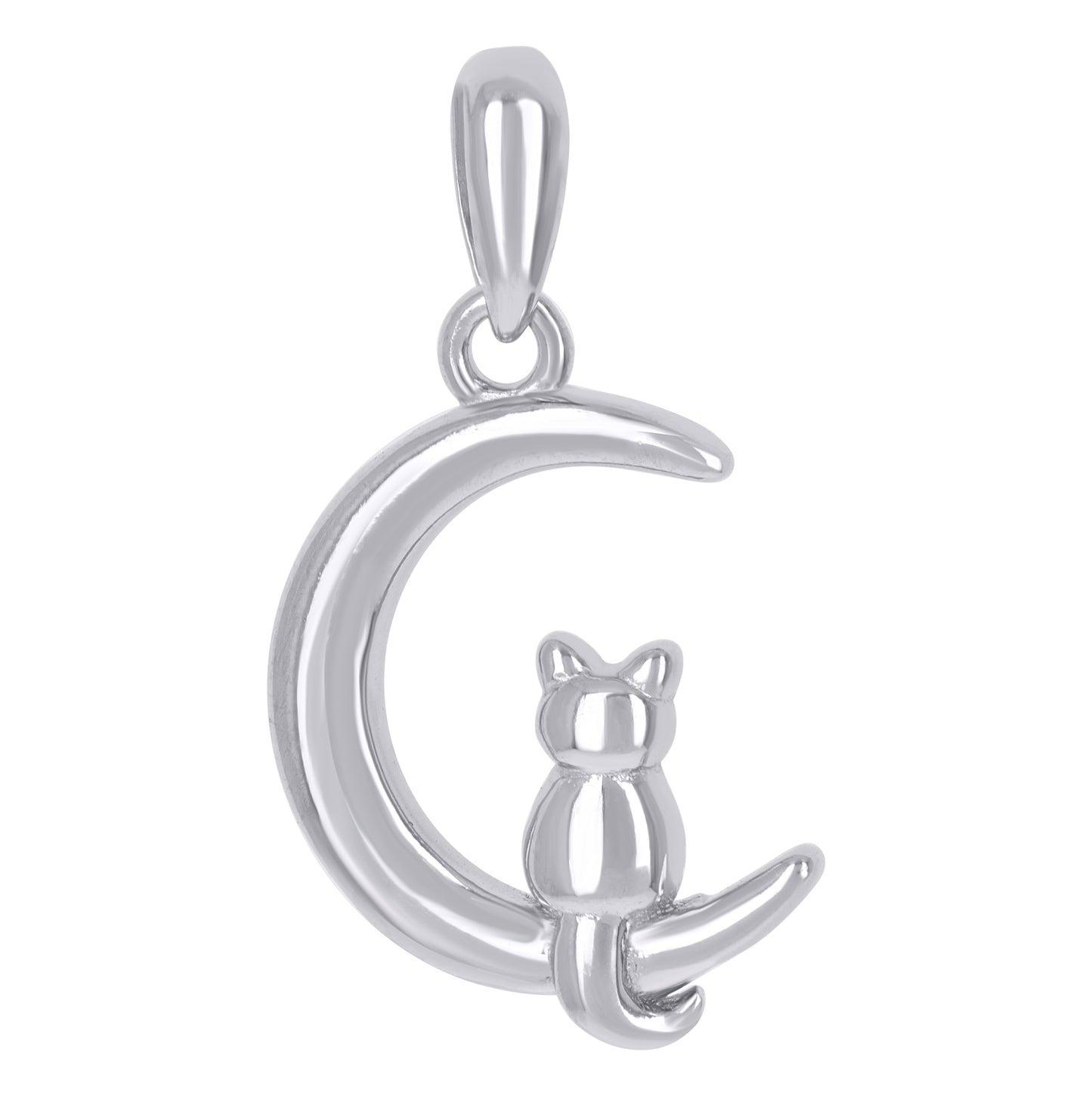 Sterling Silver Womens Cat & Moon Charm Pendant