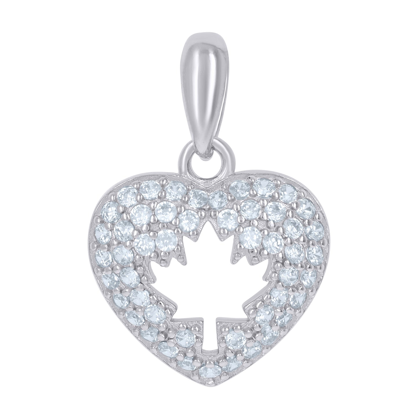 Sterling Silver Womens Cubic-Zirconia Maple Leaf Heart Charm Pendant