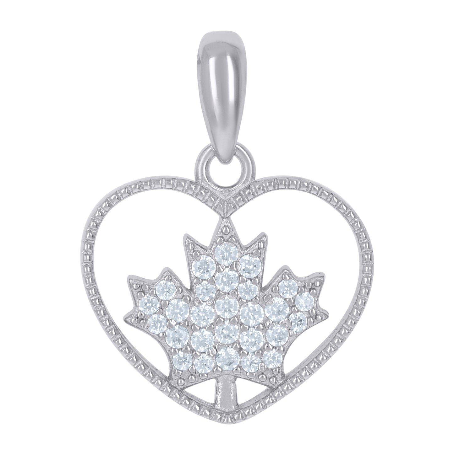 Sterling Silver Womens Cubic-Zirconia Maple Leaf Heart Charm Pendant