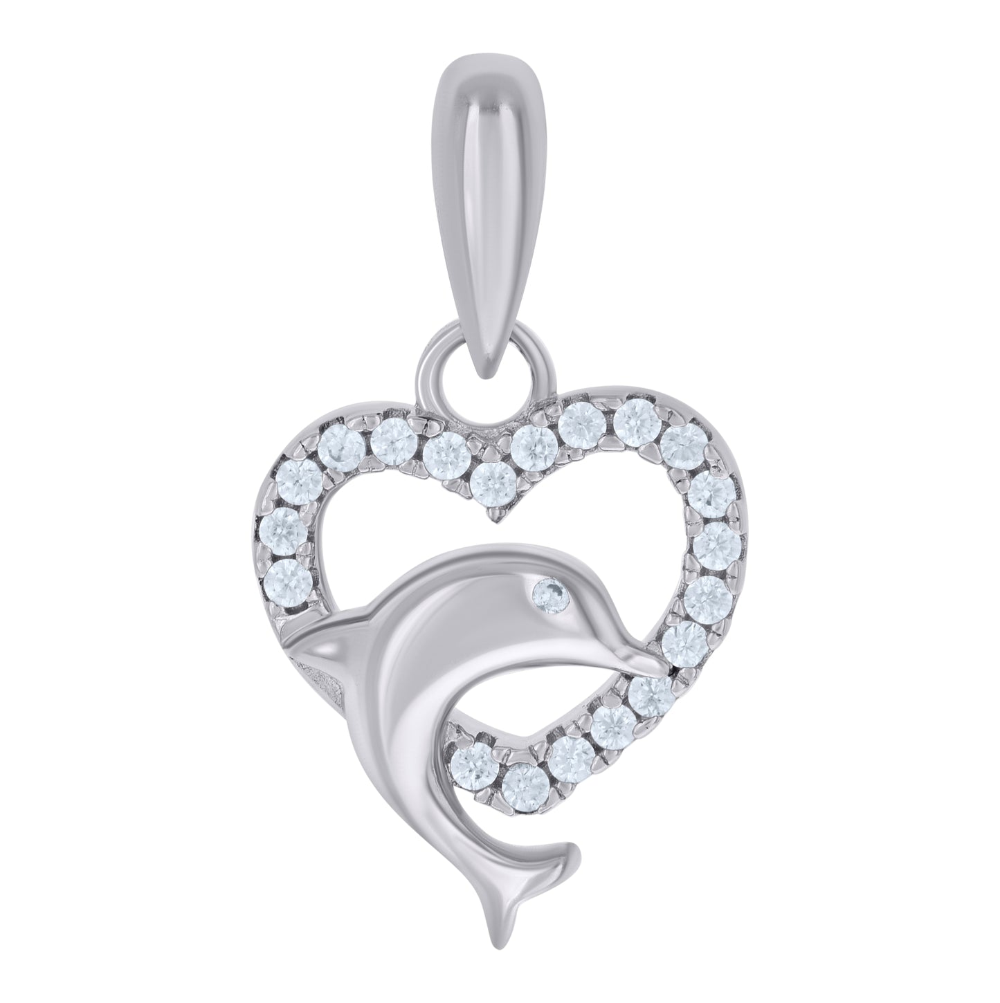 Sterling Silver Womens Cubic-Zirconia Dolphin Heart Charm Pendant