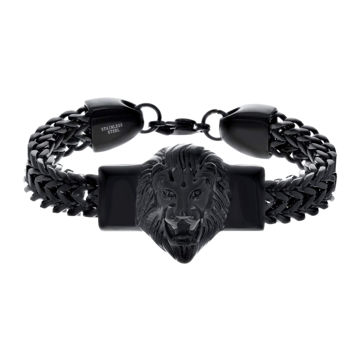 Stainless Steel Mens Black -Tone Leo/Lion Head Wild Life/Zodiac Sign Fashion Bracelet
