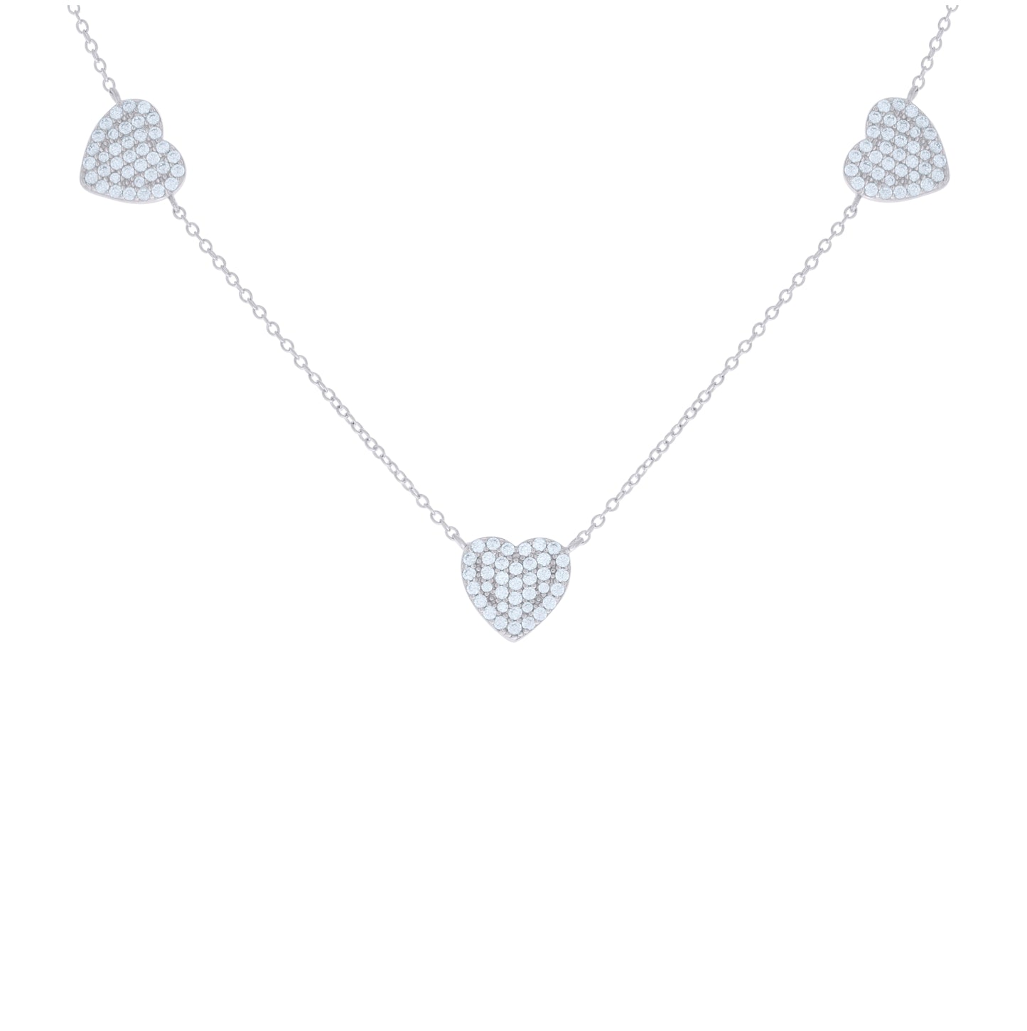 Sterling Silver Womens Cubic-Zirconia Hearts Charm Necklace