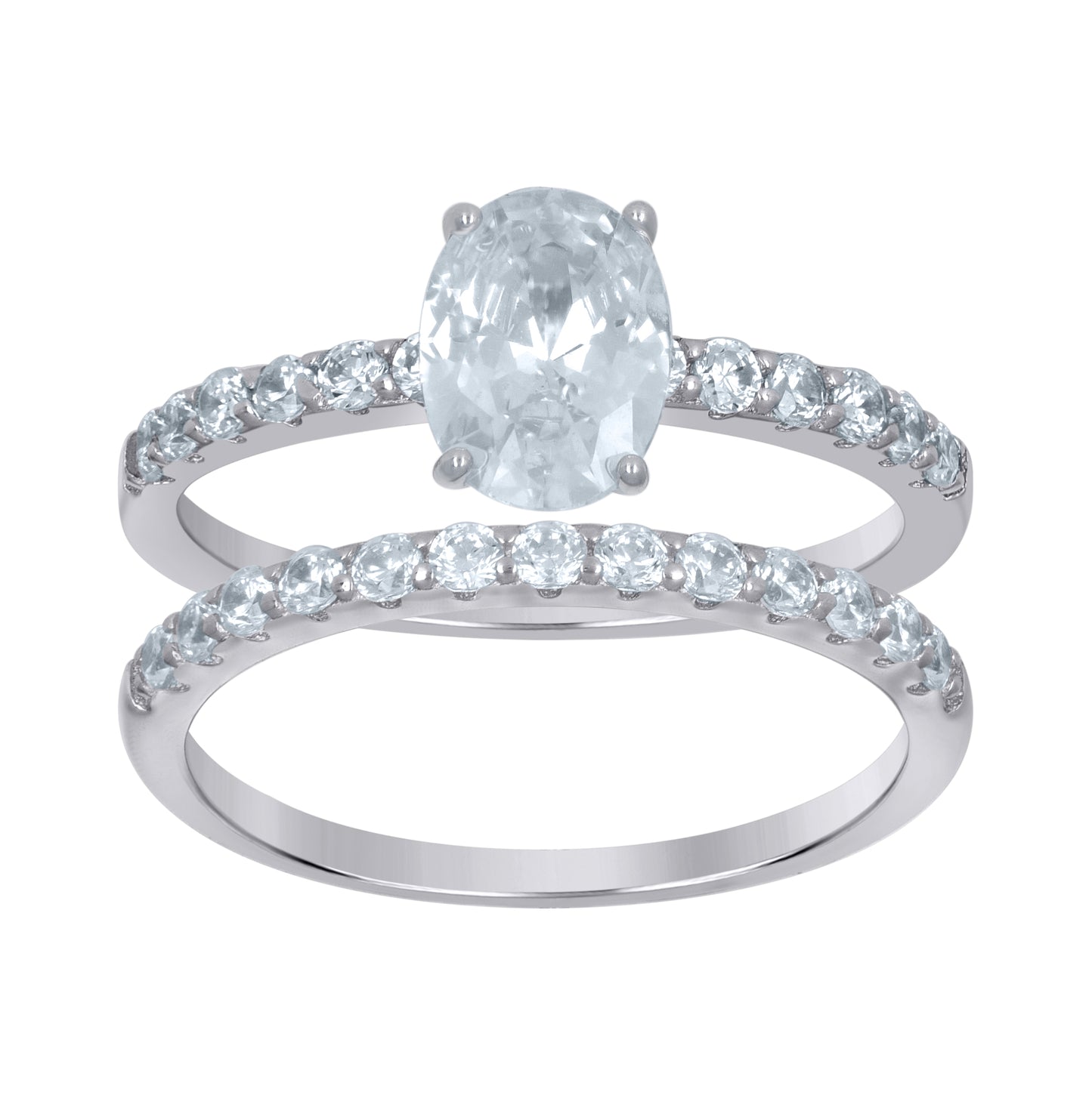 Sterling Silver Womens Oval Cubic-Zirconia Duo Bridal Anniversary Wedding Engagement Band Ring Set