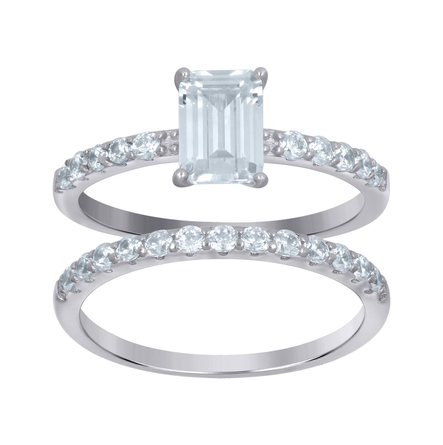 Sterling Silver Womens Emerald Cubic-Zirconia Duo Bridal Anniversary Wedding Engagement Band Ring Set