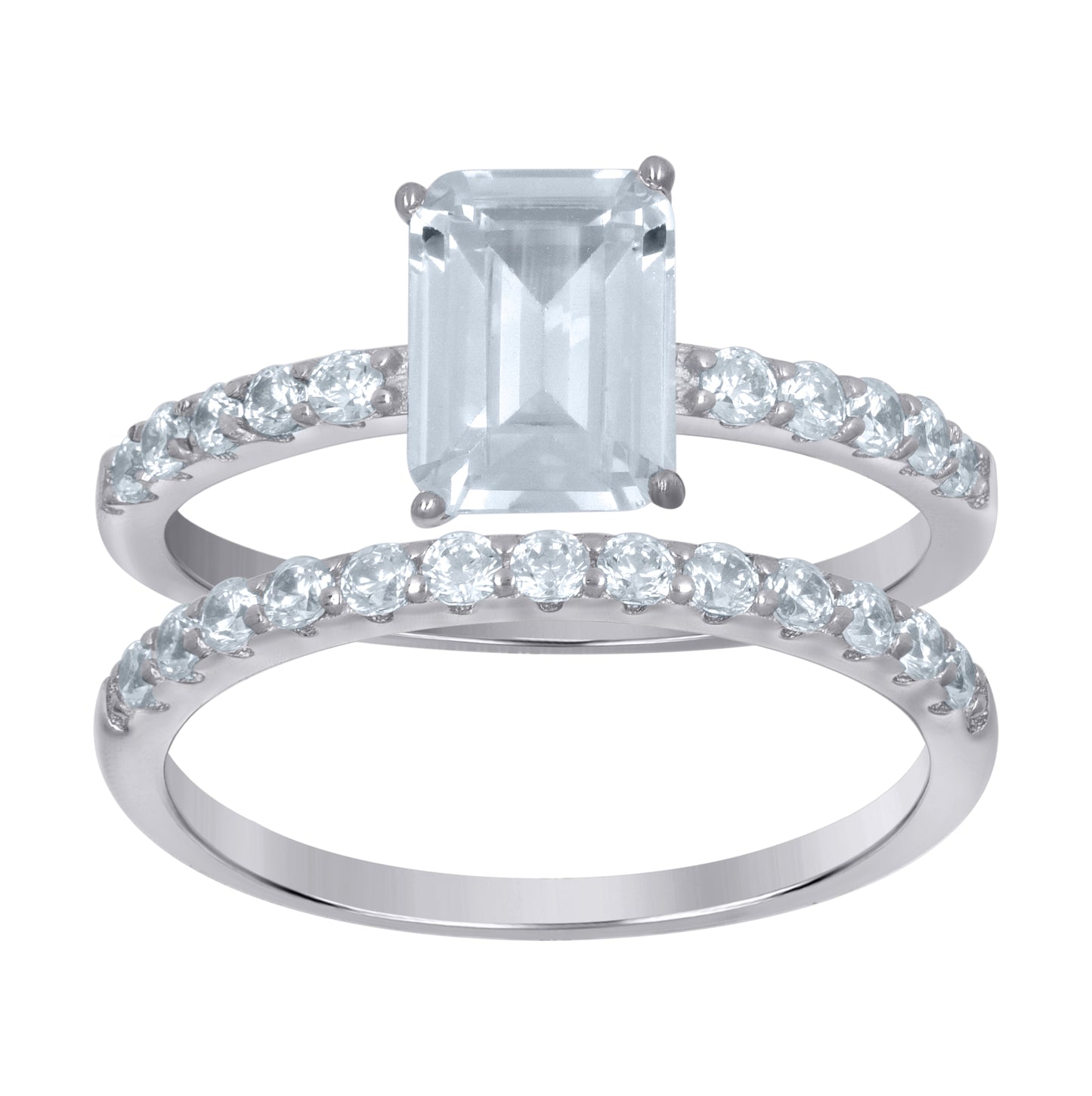 Sterling Silver Women's Emerald Cubic-Zirconia Duo Bridal Anniversary Wedding Engagement Band Ring Set