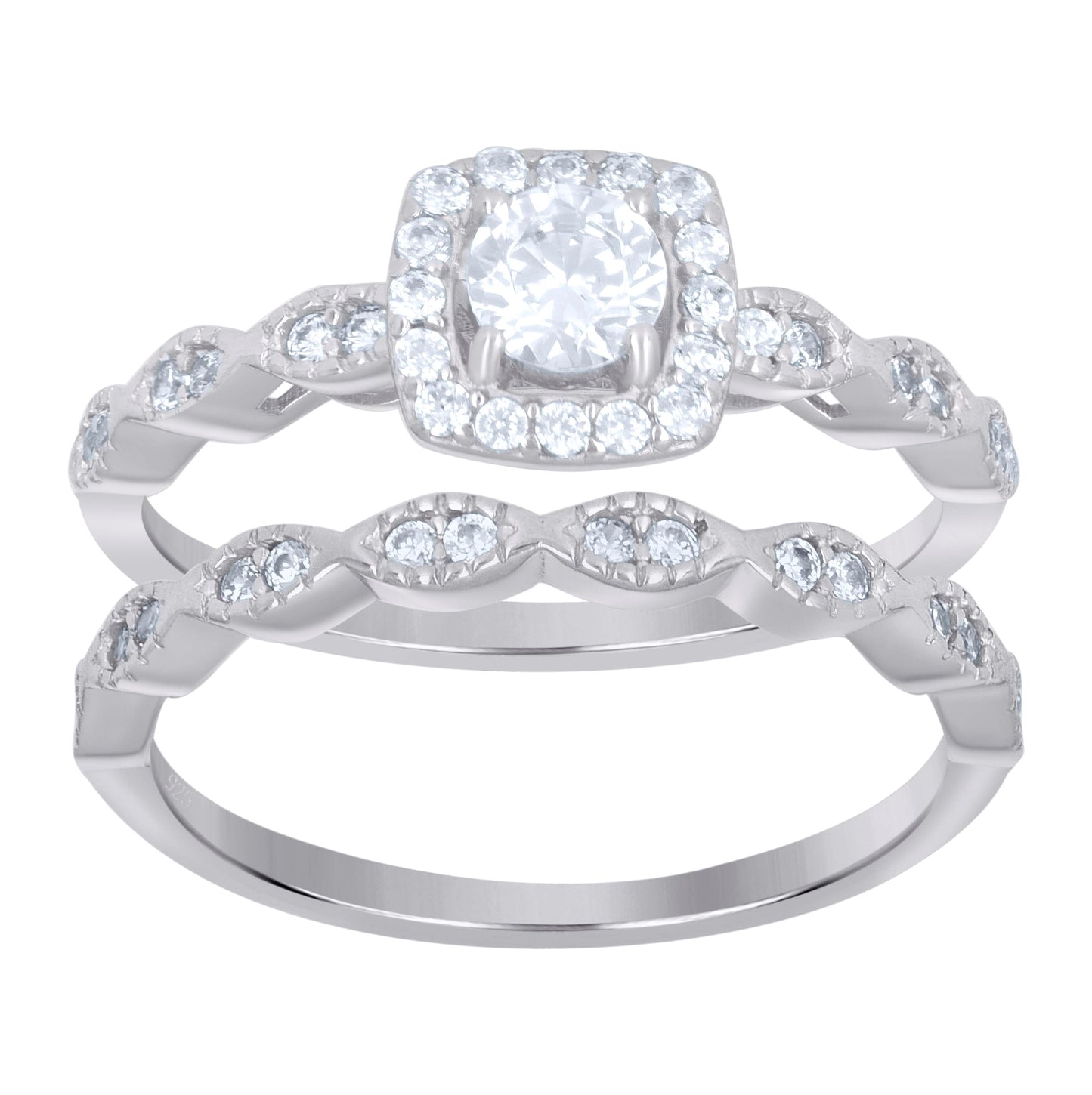 Sterling Silver Women's Cubic-Zirconia Duo Bridal Anniversary Wedding Engagement Band Ring Set