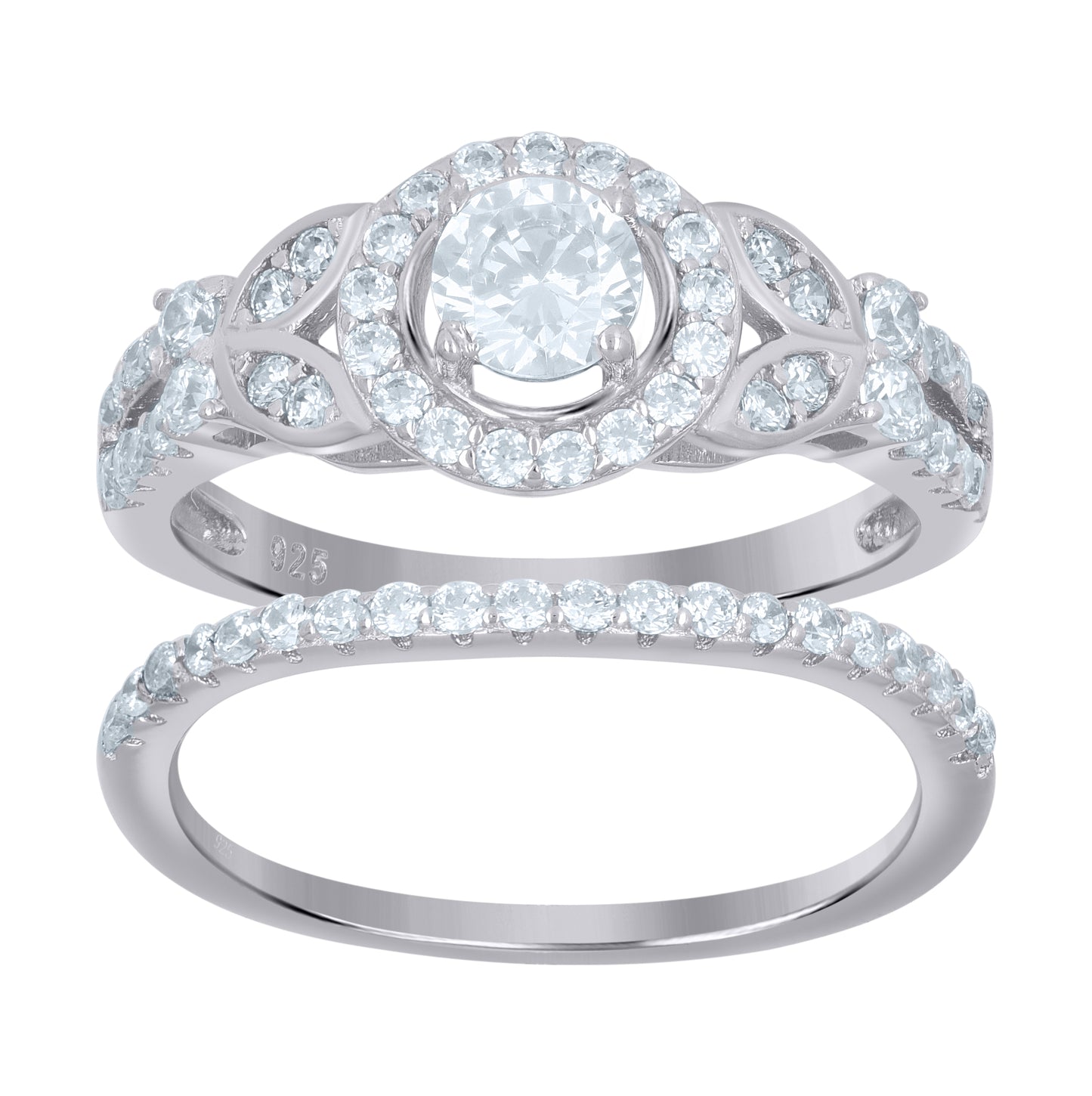 Sterling Silver Women's Cubic-Zirconia Duo Bridal Anniversary Wedding Engagement Band Ring Set