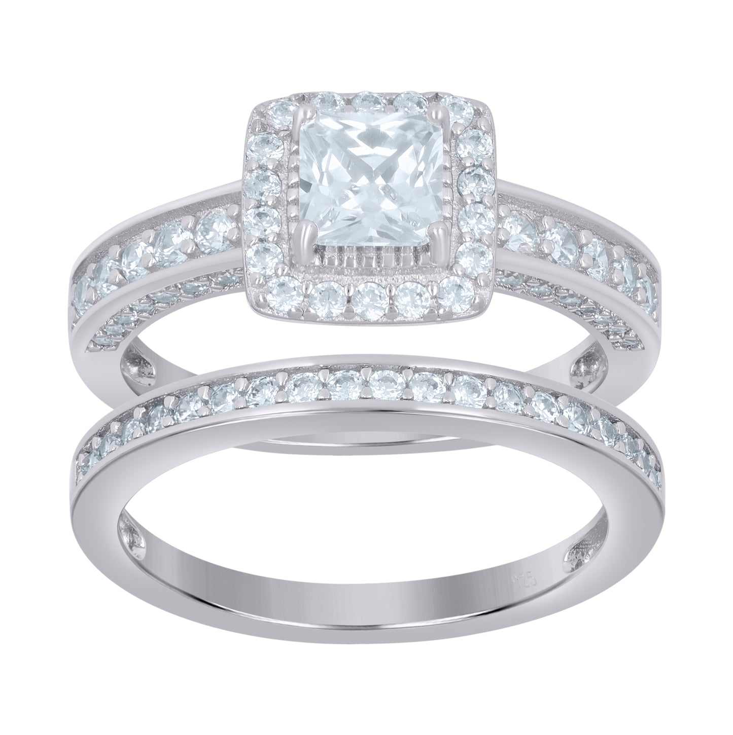 Sterling Silver Women's Princess-Cut Cubic-Zirconia Duo Bridal Anniversary Wedding Engagement Band Ring Set
