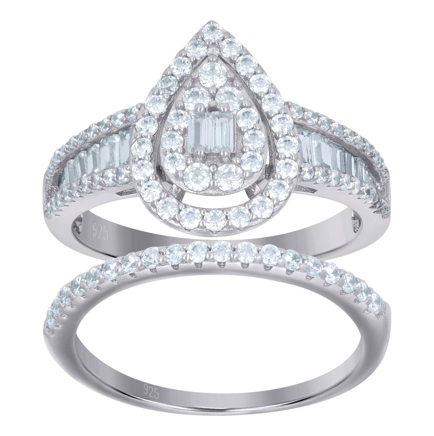 Sterling Silver Womens Baguette Cubic-Zirconia Teardrop Duo Bridal Anniversary Wedding Engagement Band Ring Set