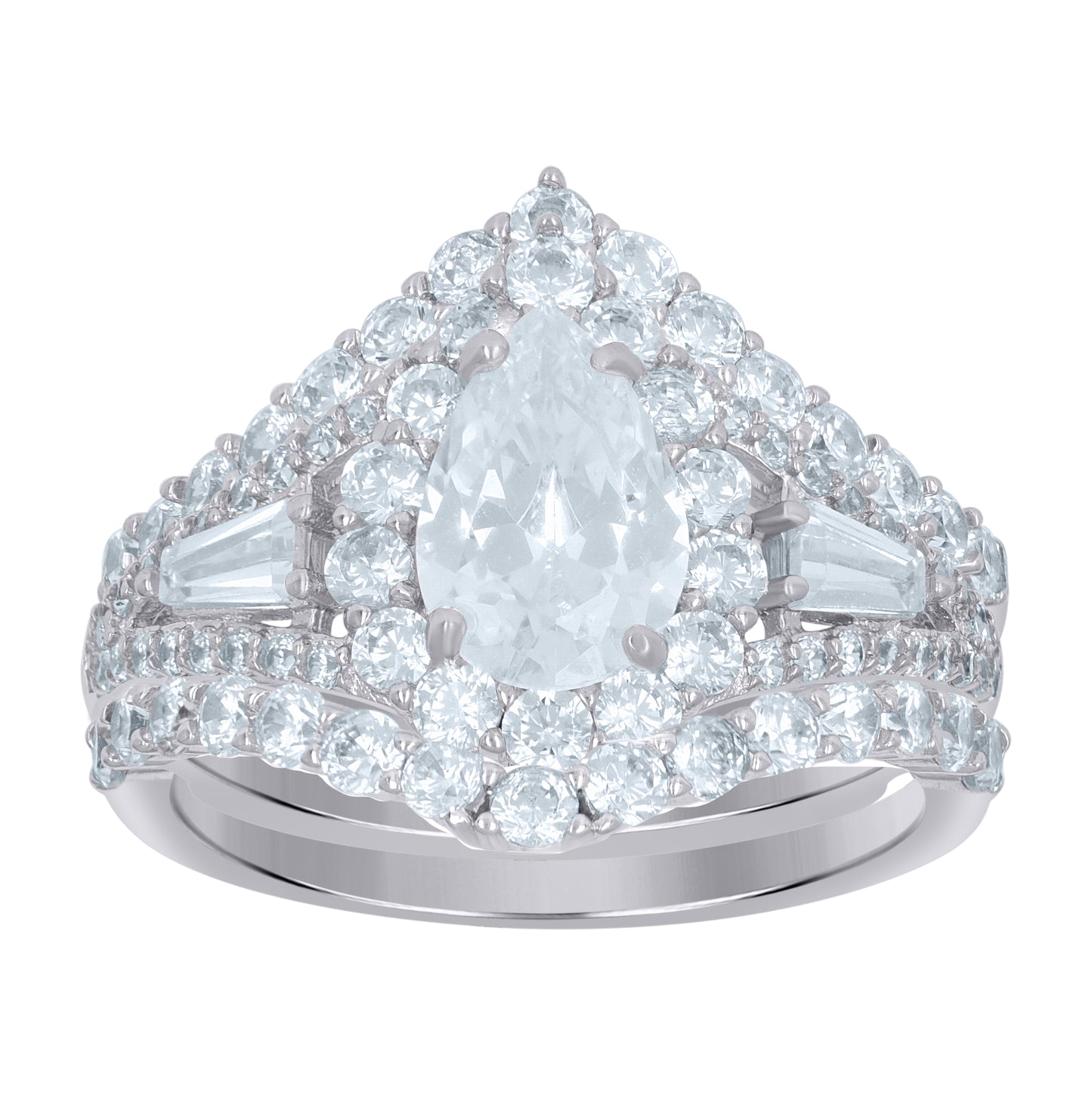 Sterling Silver Womens Pear Cubic-Zirconia Teardrop Duo Bridal Anniversary Wedding Engagement Band Ring Set