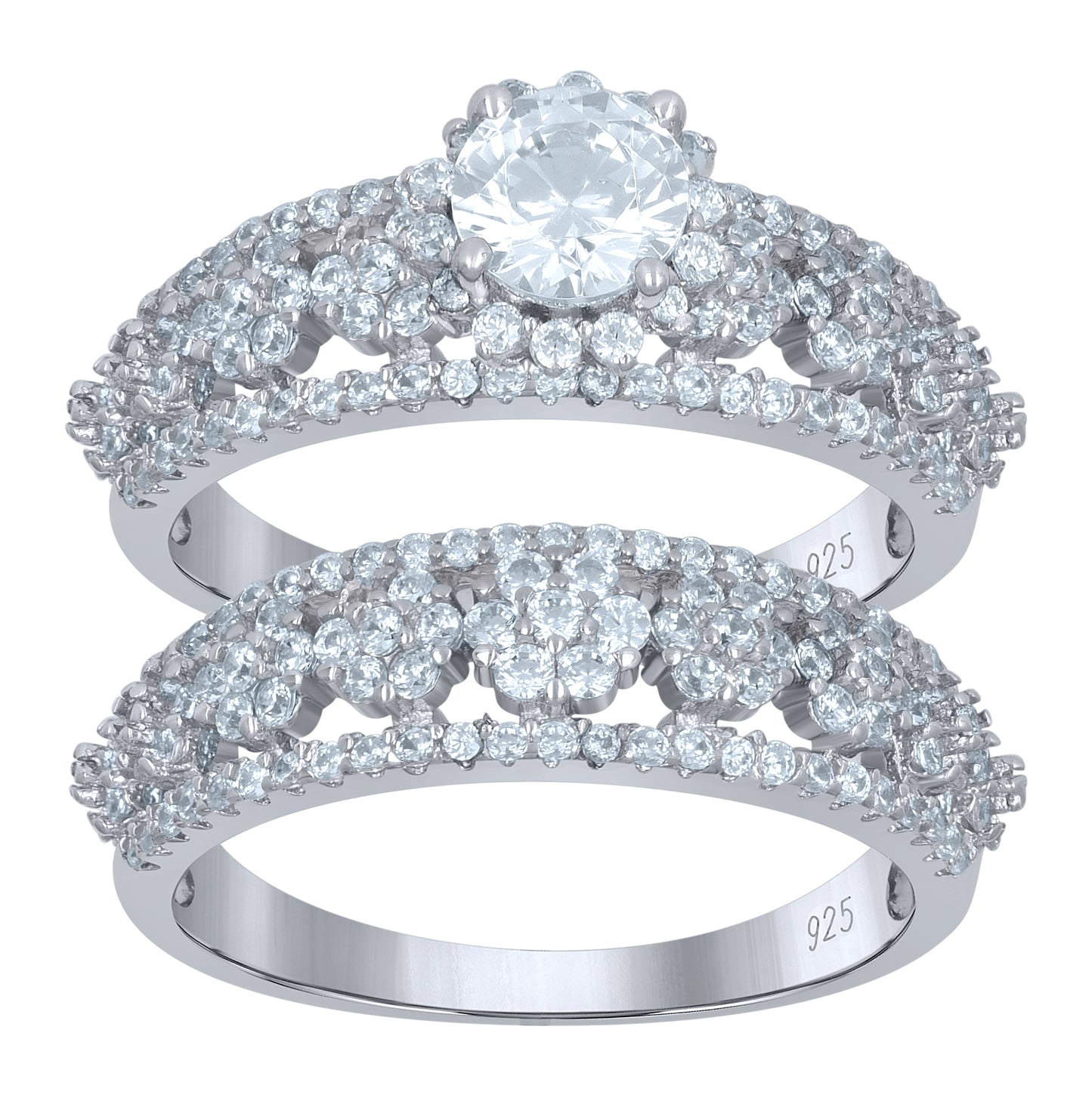 Sterling Silver Womens Cubic-Zirconia Flower Duo Bridal Anniversary Wedding Engagement Band Ring Set