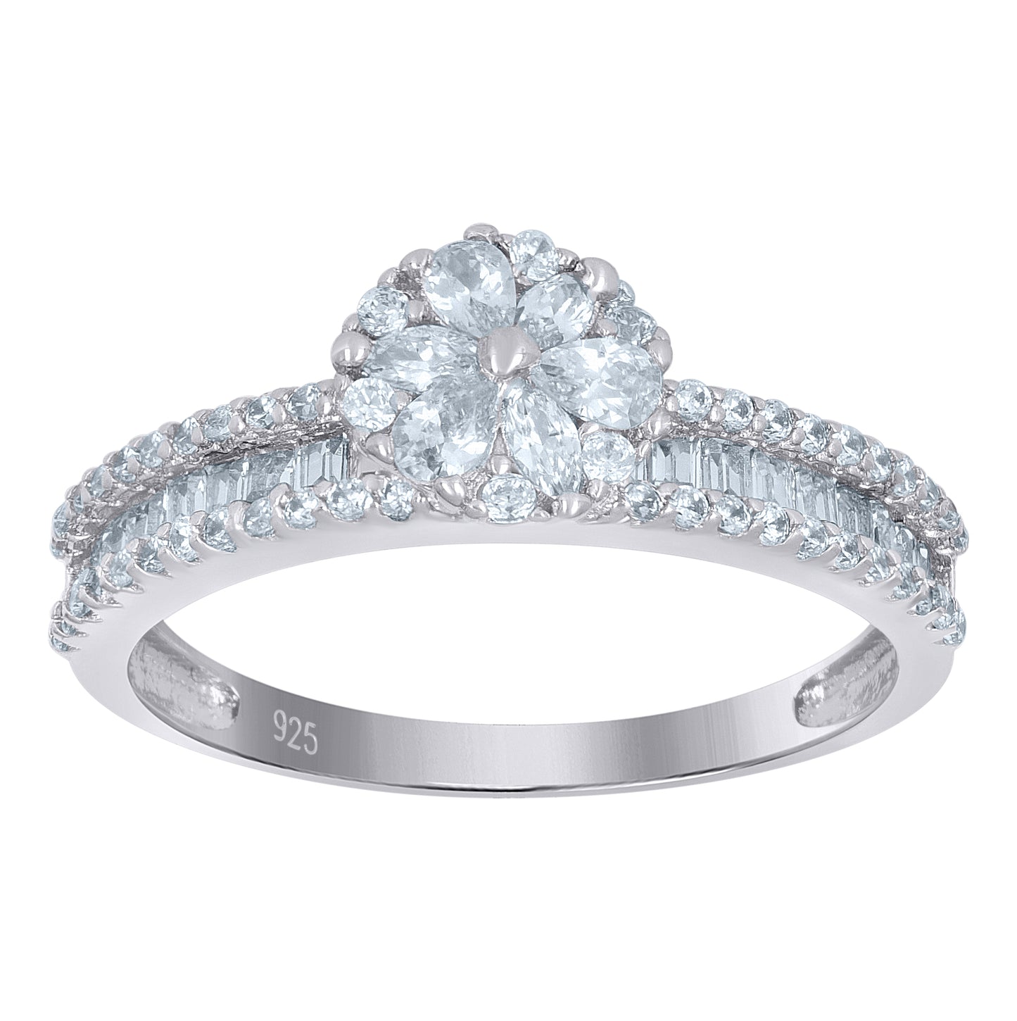 Sterling Silver Womens Baguette/Pear Solitaire Cubic-Zirconia Flower Bridal Anniversary Engagement Wedding Ring