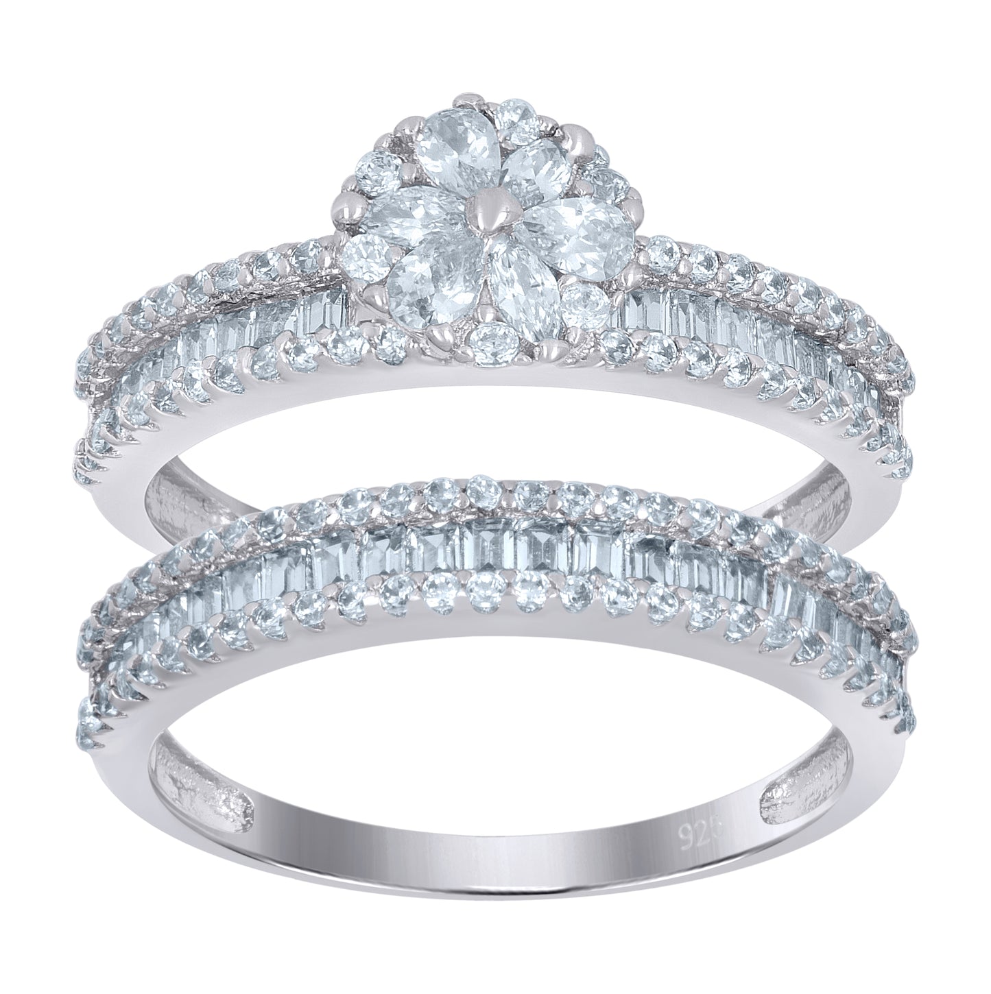 Sterling Silver Womens Baguette/Pear Cubic-Zirconia Flower Duo Bridal Anniversary Wedding Engagement Band Ring Set