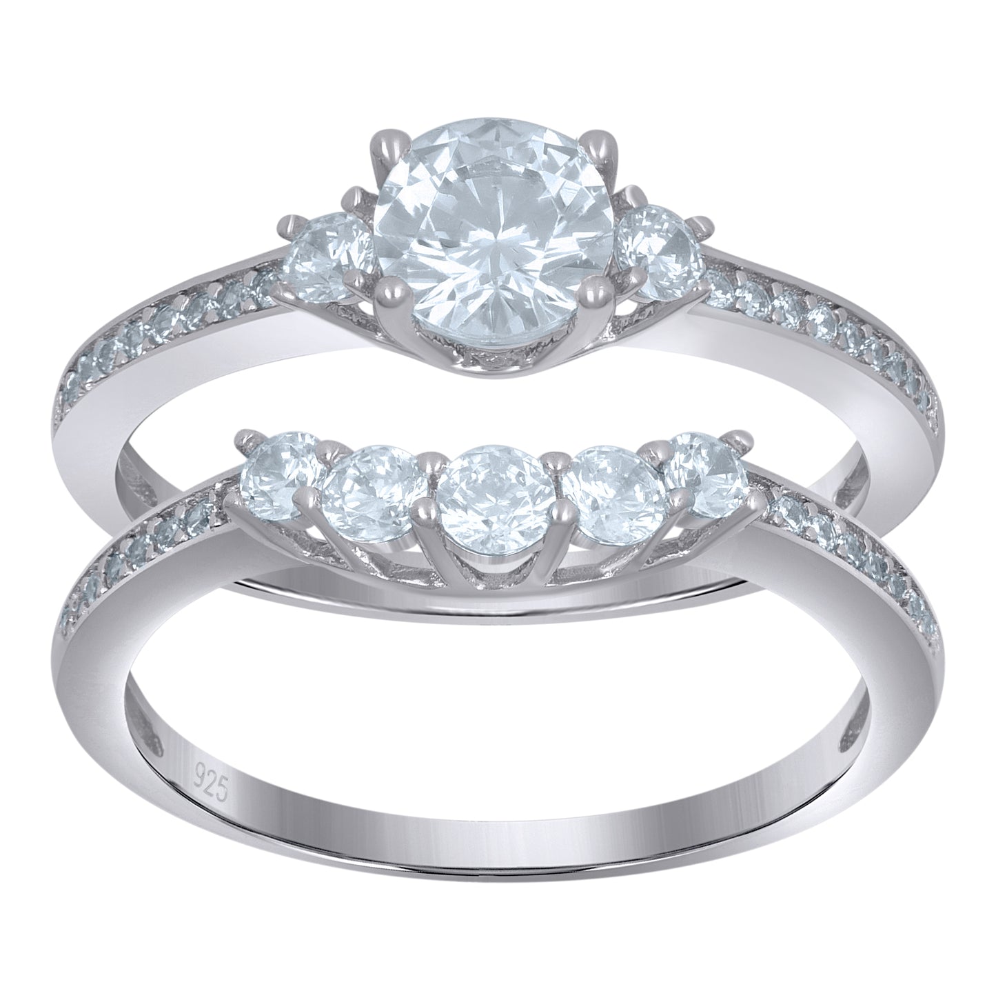 Sterling Silver Women's Cubic-Zirconia Duo Bridal Anniversary Wedding Engagement Band Ring Set