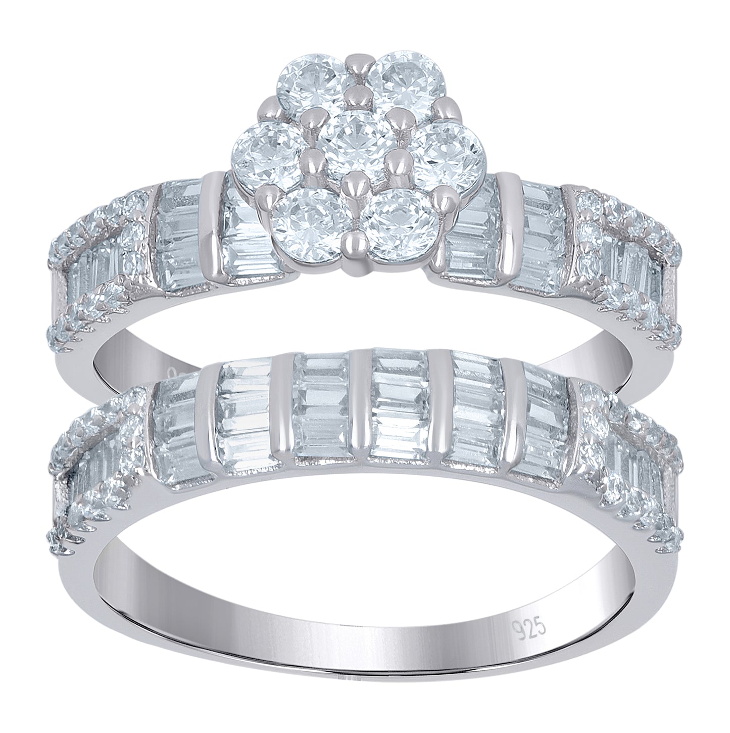 Sterling Silver Women's Baguette Cubic-Zirconia Flower Duo Bridal Anniversary Wedding Engagement Band Ring Set